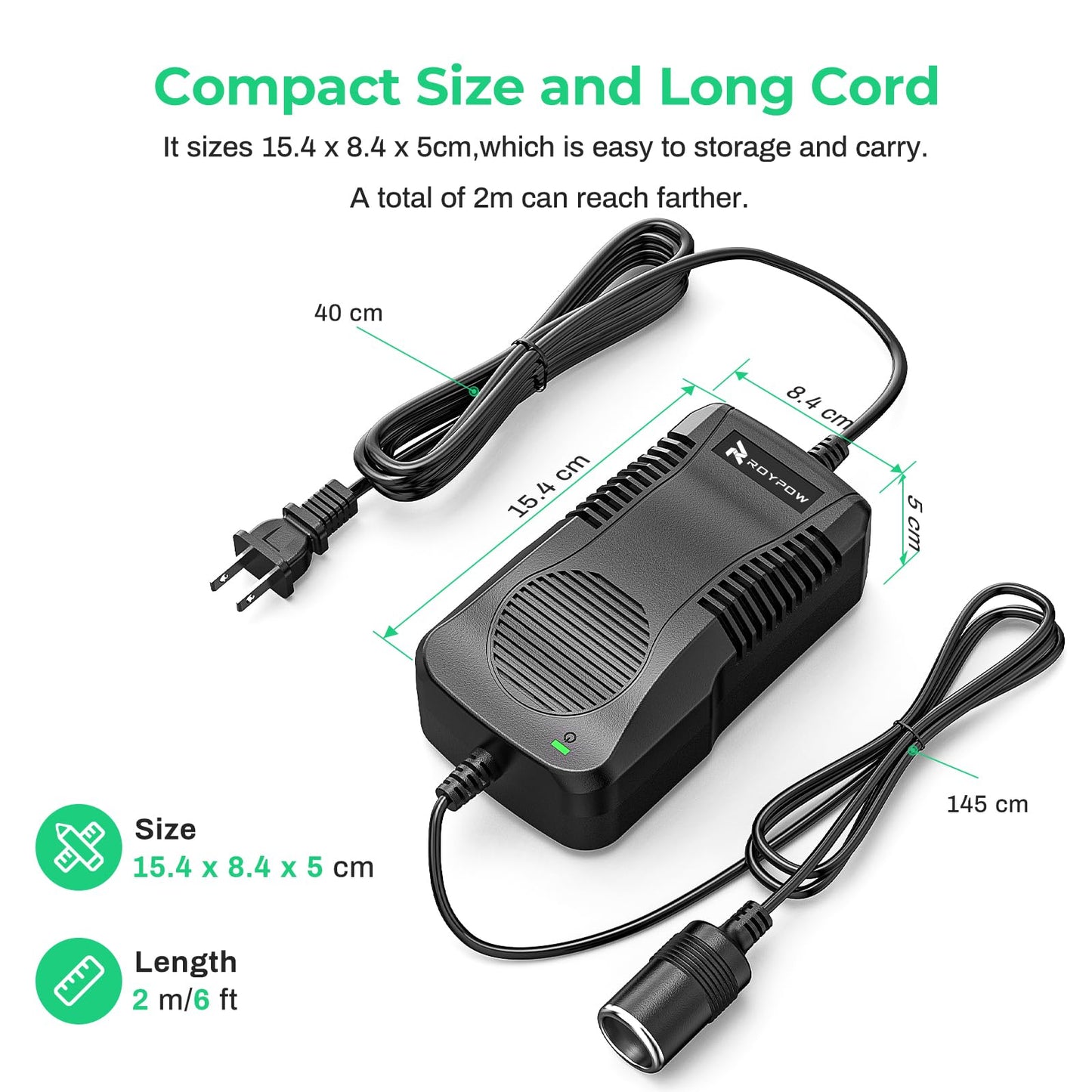 AC to DC Converter, RoyPow 180W (Max 200W) 15A 100V~120V to 12V Car Cigarette Lighter Socket AC/DC Power Supply Adapter, 120V/110V to 12V Converter, Transformer for Inflator, Car Refrigerator