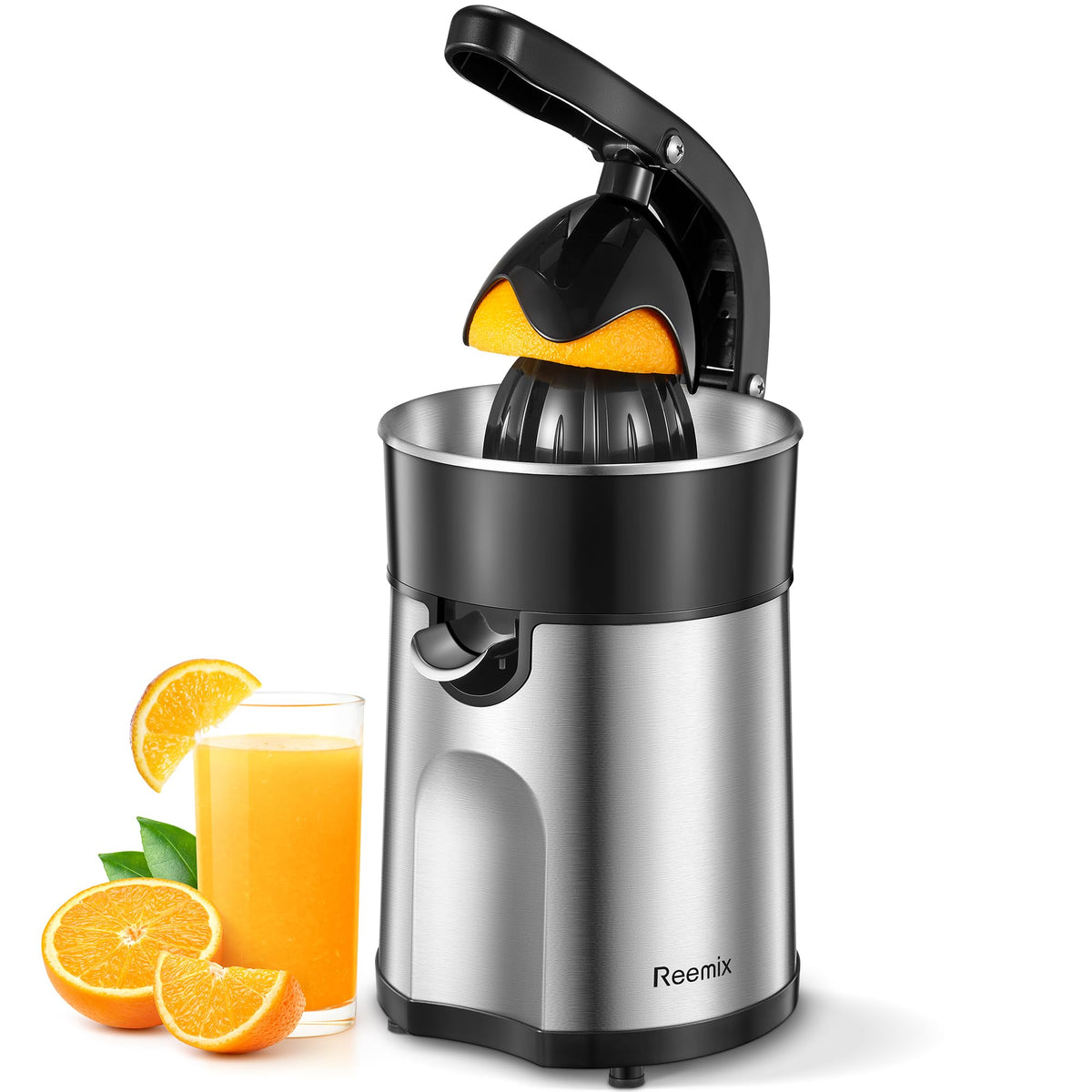 Reemix Electric Citrus Juicer Squeezer, Orange Juicer with Two Interchangeable Cones, Suitable for orange, lemon and Grapefruit, Brushed Stainless Steel, Easy to Clean and Use (Alloy Steel,Plastic)