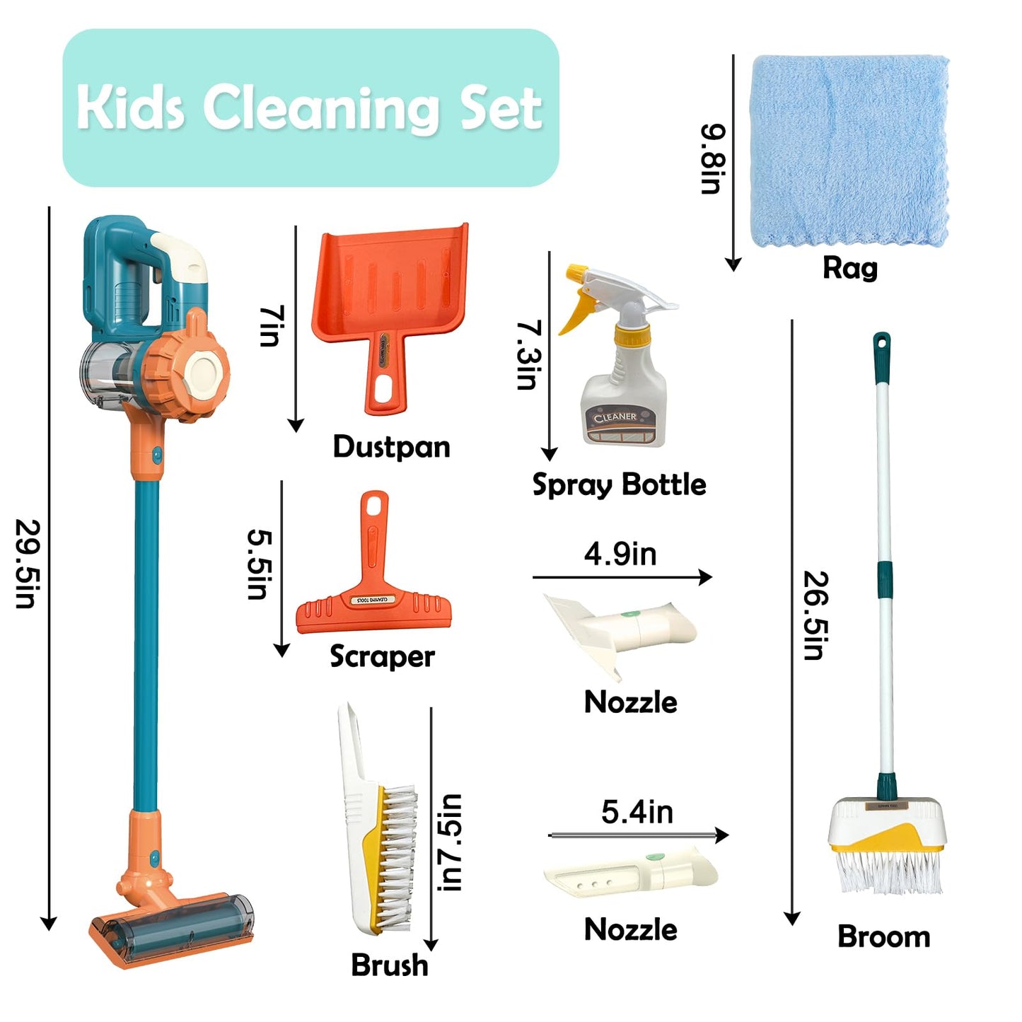 BAYMI Kids Vacuum That Really Works 9Pcs Kids Cleaning Set for Toddlers Toy Cleaner Kids Broom and Dustpan Set Aged 3+ Scrub Brushes for Cleaning Baby Boy Girl Gifts (950Blue)