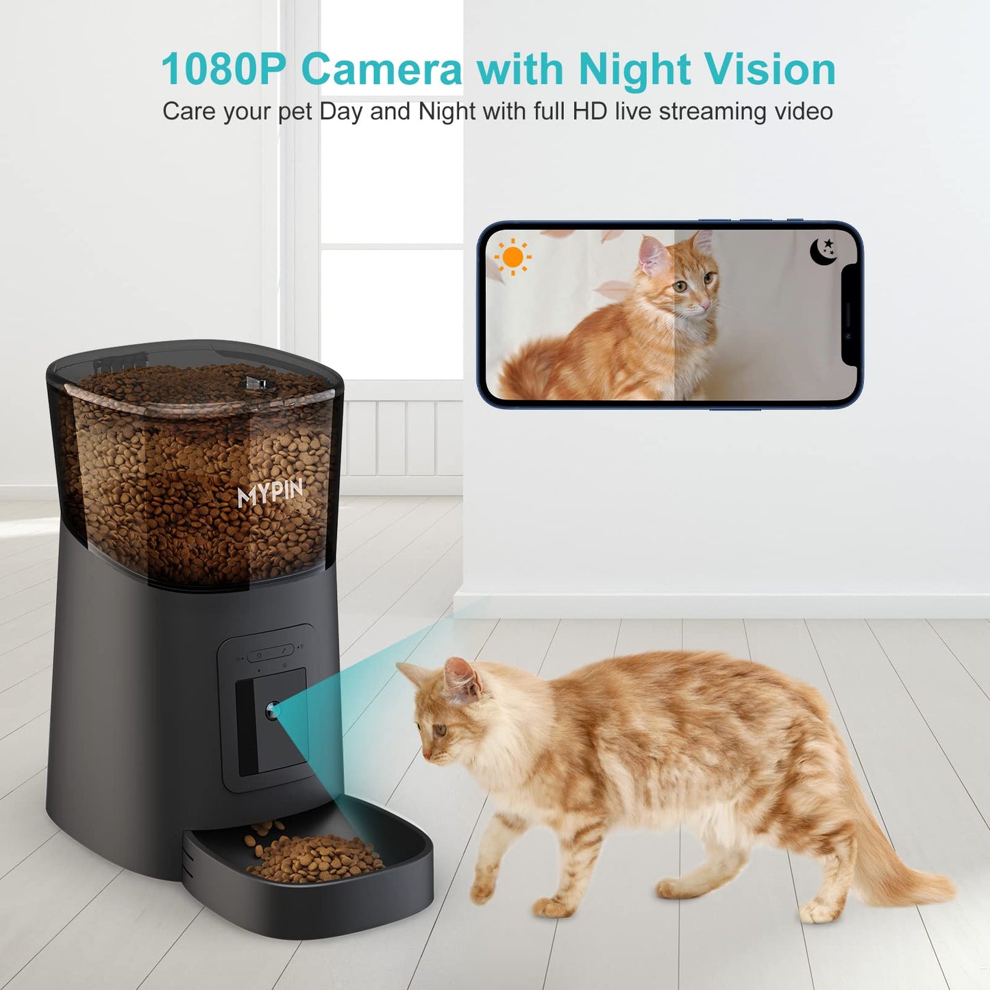 Video Automatic Pet Feeder with HD Camera, Food Dispenser for Cats and Dogs WiFi Smart Feeder with Camera 6L 2-Way Audio, Mobile Phone Control, Timed Feeder, Desiccant Bag Up to 8 Meals per Day… (Black)