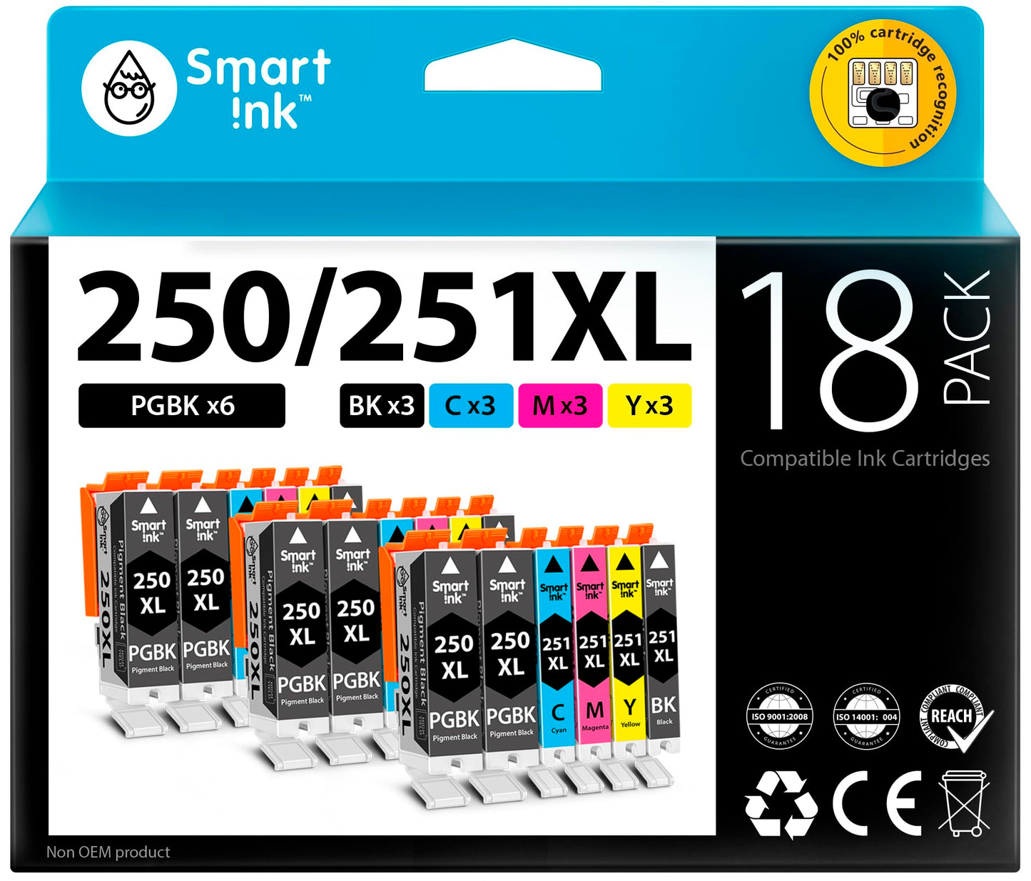 Smart Ink Compatible Ink Cartridge Replacement for Canon PGI 250 PGI-250 XL CLI 251 CLI-251 (6PGBK &3BK/C/M/Y 18 Pack Combo) for Pixma MG5420 MG5422 MG5520 MG5522 MG5620 MG6620 iP7220 iX6820 MX722 MX