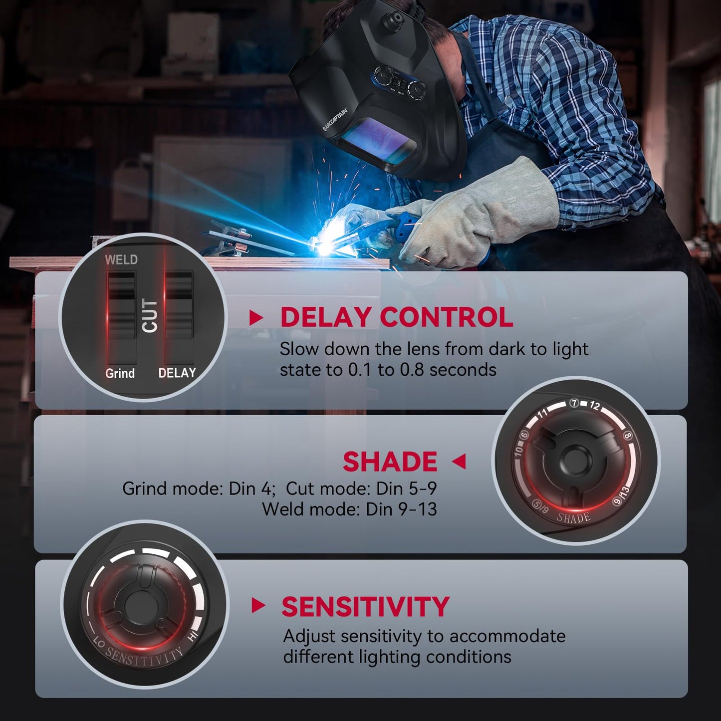 ARCCAPTAIN Welding Helmet Auto Darkening, 3.94"X3.66" Large Viewing Screen True Color Welding Hood with 4 Arc Sensor Solar Powered, Wide Shade 4-5/5-9/9-13 for ARC TIG MIG Welding Helmets for Men