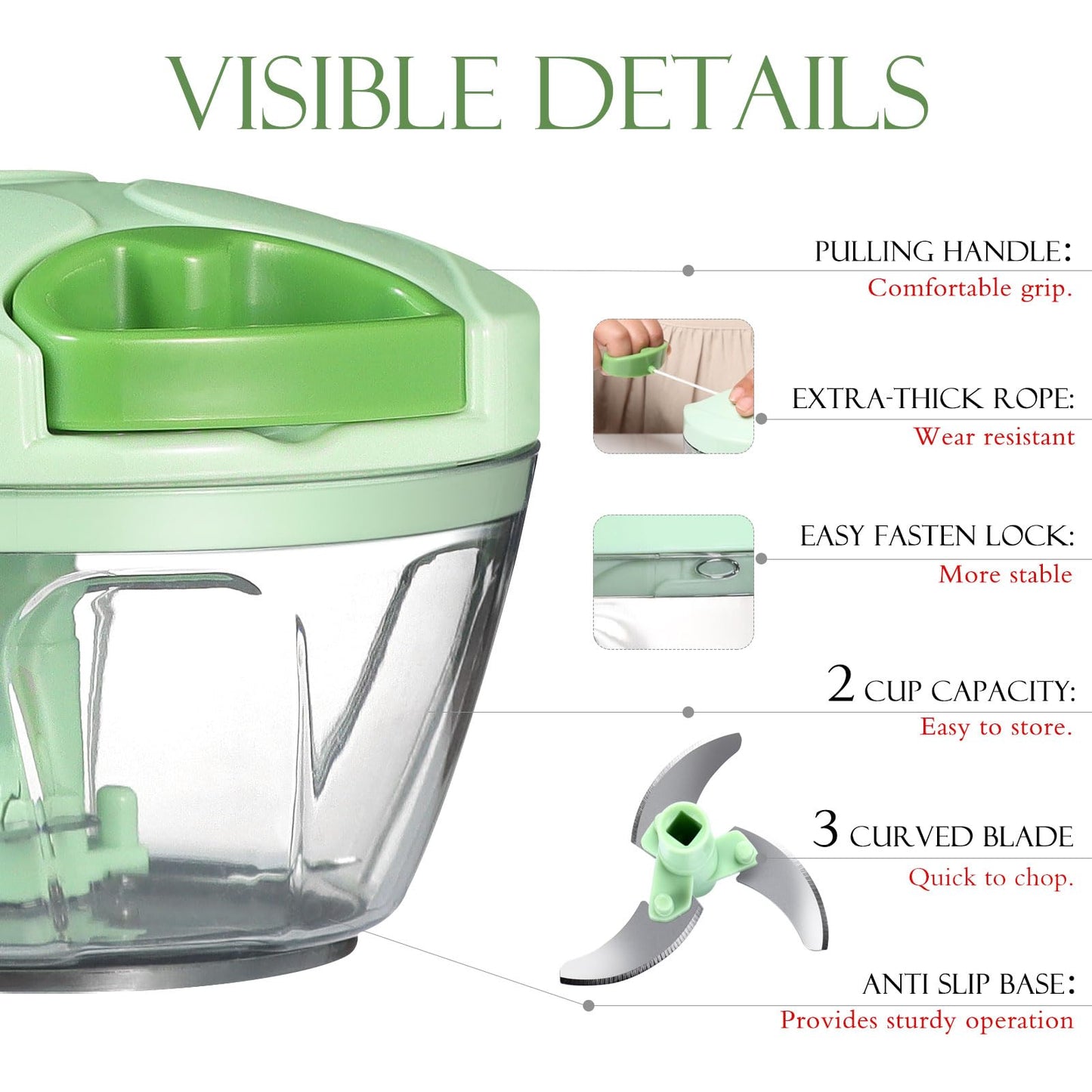 Ourokhome Manual Food Processor, Vegetable Chopper, Portable Manual Garlic Puller, Onion Chopper for Vegetables, Ginger, Fruits, Nuts, Herbs, etc, 500ml, Green