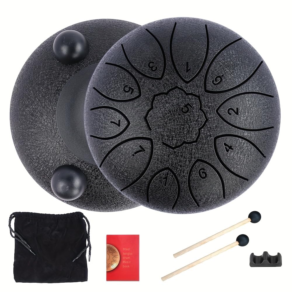 Dozzly 6 Inch 11 Notes Steel Tongue Drum, Engraved Note Rain Drum, Pre-Tuned Handpan Drum with Mallets, Music Score & Storage Bag, Percussion Instrument for Relaxation, Camping & Gift (Black)