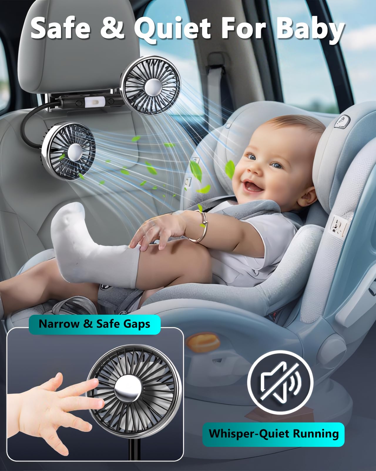 xuenair 360 Hose Cooling Fan for Car Backseat Kids Baby Rear Facing, Portable USB Car Fan for Vehicle SUV RV Pickup Truck Headrest - Powerful 3-Speed LED Light