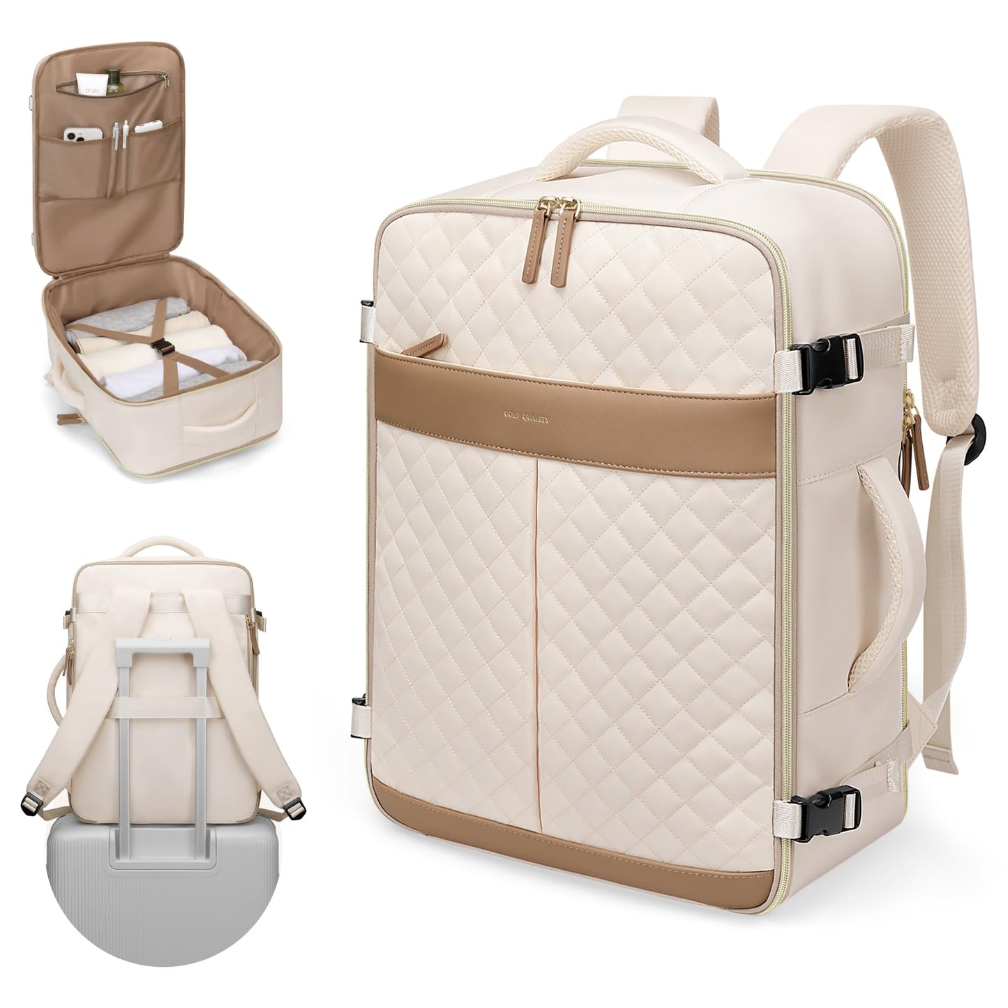 GOLF QUALITY Travel Backpack for Women Carry On Underseat Travel Bag Laptop Backpack Casual Daypack for Weekender Business,17 Inch, Beige