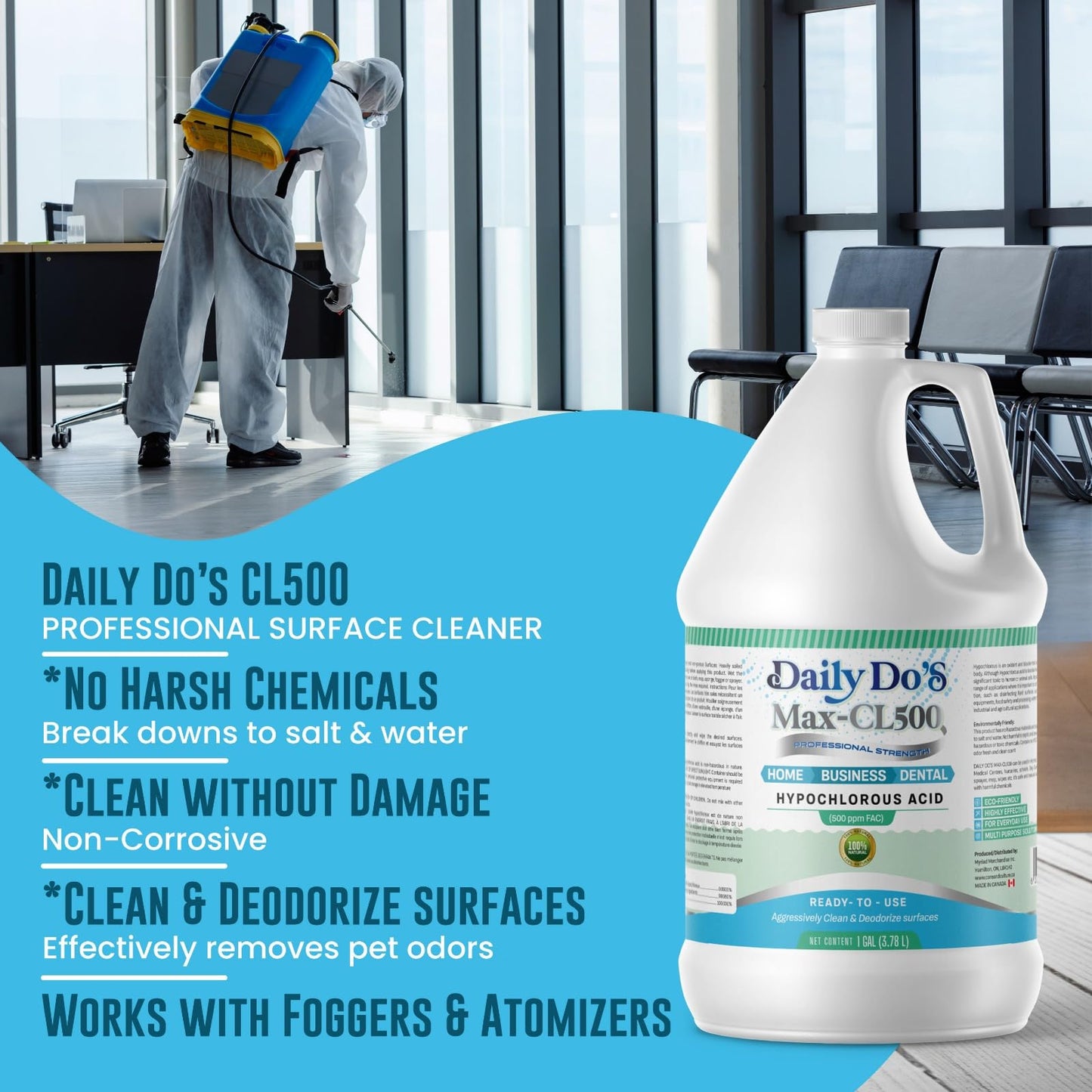 DailyDo's Hypochlorous Acid (HOCl) Cleaning & Hygiene Solution | 500ppm | 4L Value Size | Professional-Grade, Alcohol-Free & Non-Staining
