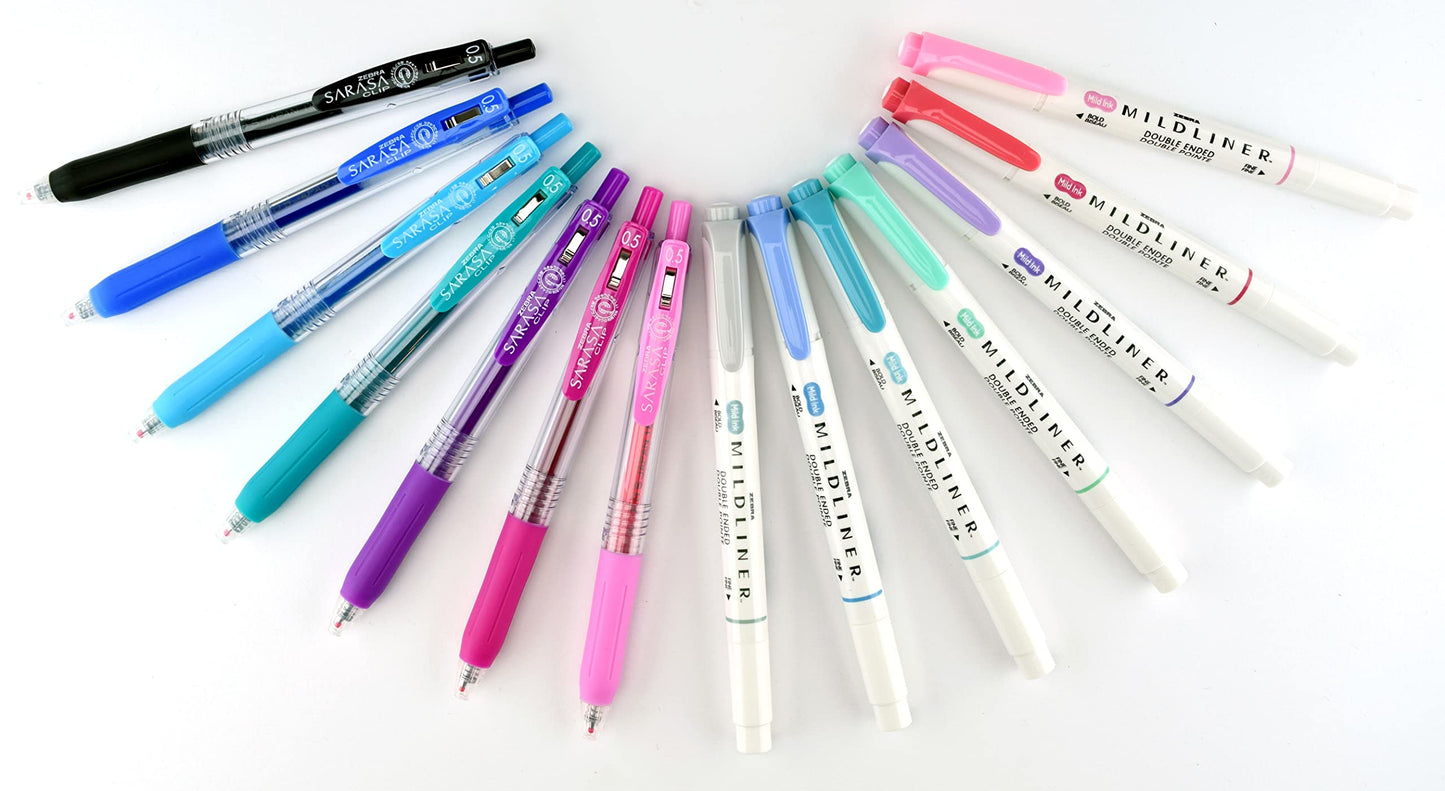 Zebra Pen Journaling Set, 14-Pack Assorted Colours, Includes 7 MILDLINER Highlighters and 7 SARASA Clip Gel Pens, Ideal for Bullet Journals, Planners, and Note-Taking (10014)