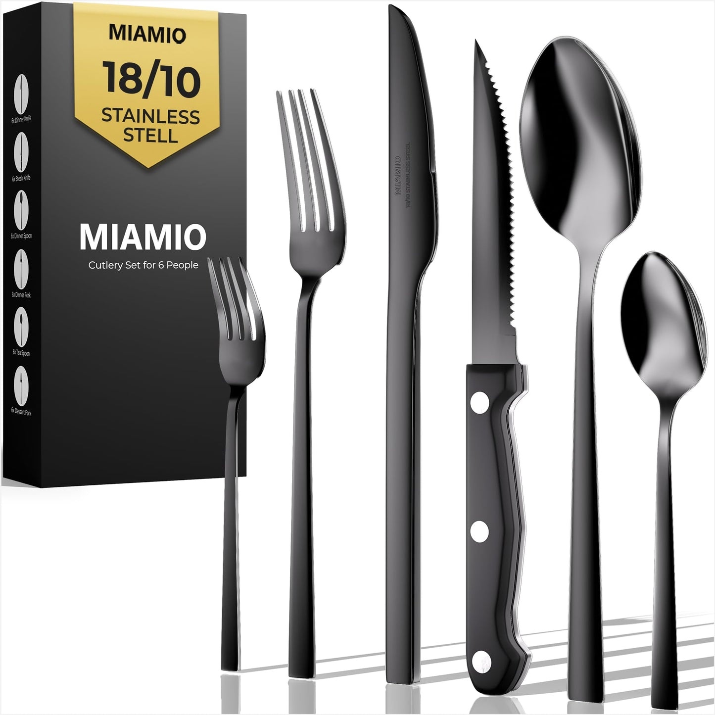 MIAMIO – Cutlery Set Stainless Steel for 6 People / 36-Piece Flatware Set – Includes Knives, Forks, Spoons – Dishwasher Safe (Black)