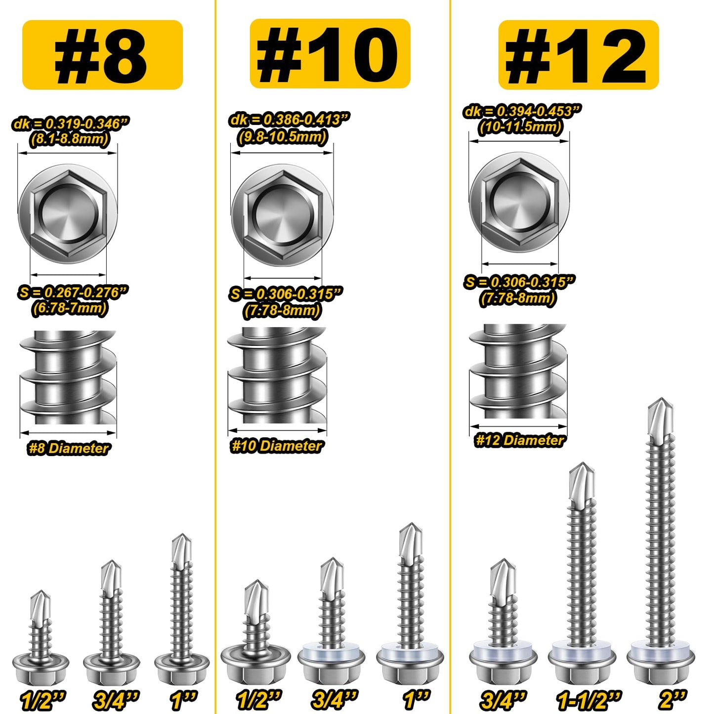 Mywish 410 Stainless Steel Self Tapping Screws for Metal, 385 Pieces #8#10#12 Hex Head Self Drilling Screws Assortment Kit, Length 1/2" to 2", High Strength Sheet Metal Screws