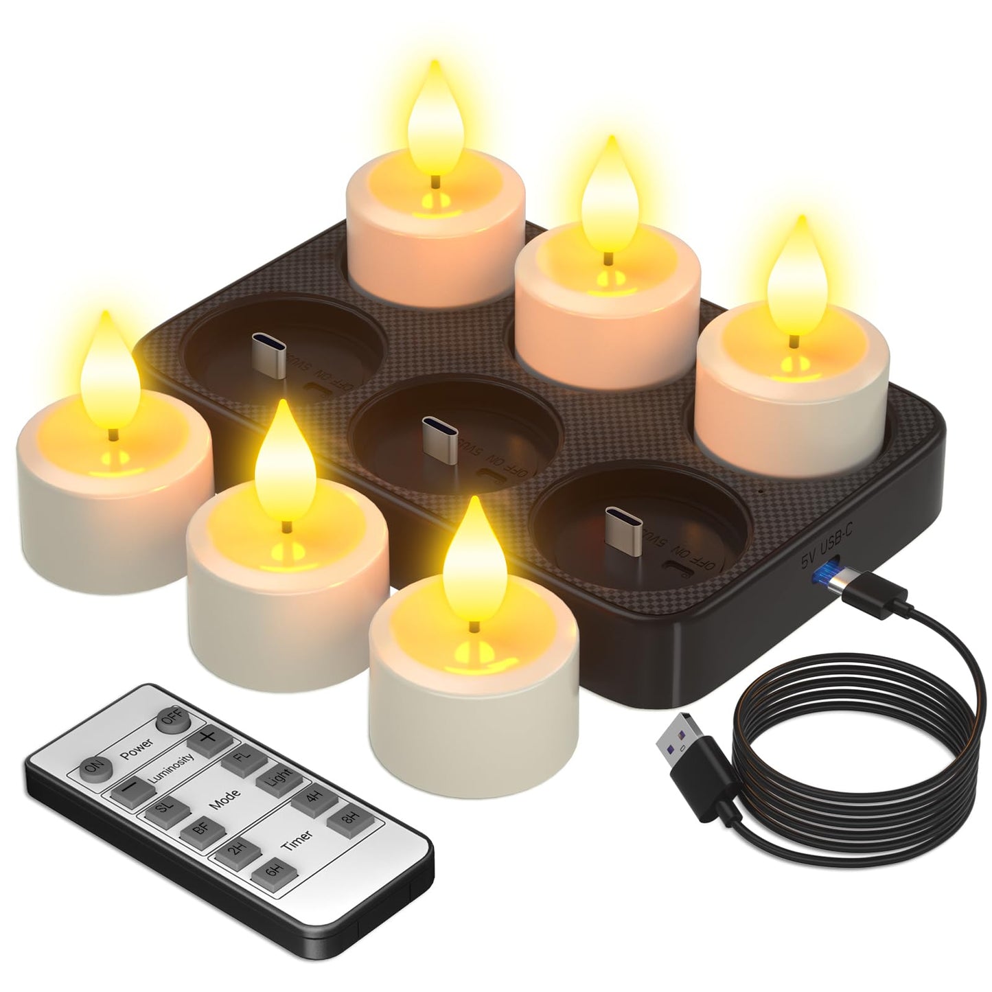 PChero 6PCS Rechargeable Flameless Candles Flickering with Remote Timer & USB Charging Base, 3D Wick Led Tea Lights Candles Battery Operated for Birthday Weddings Halloween Christmas Home Indoor Decor