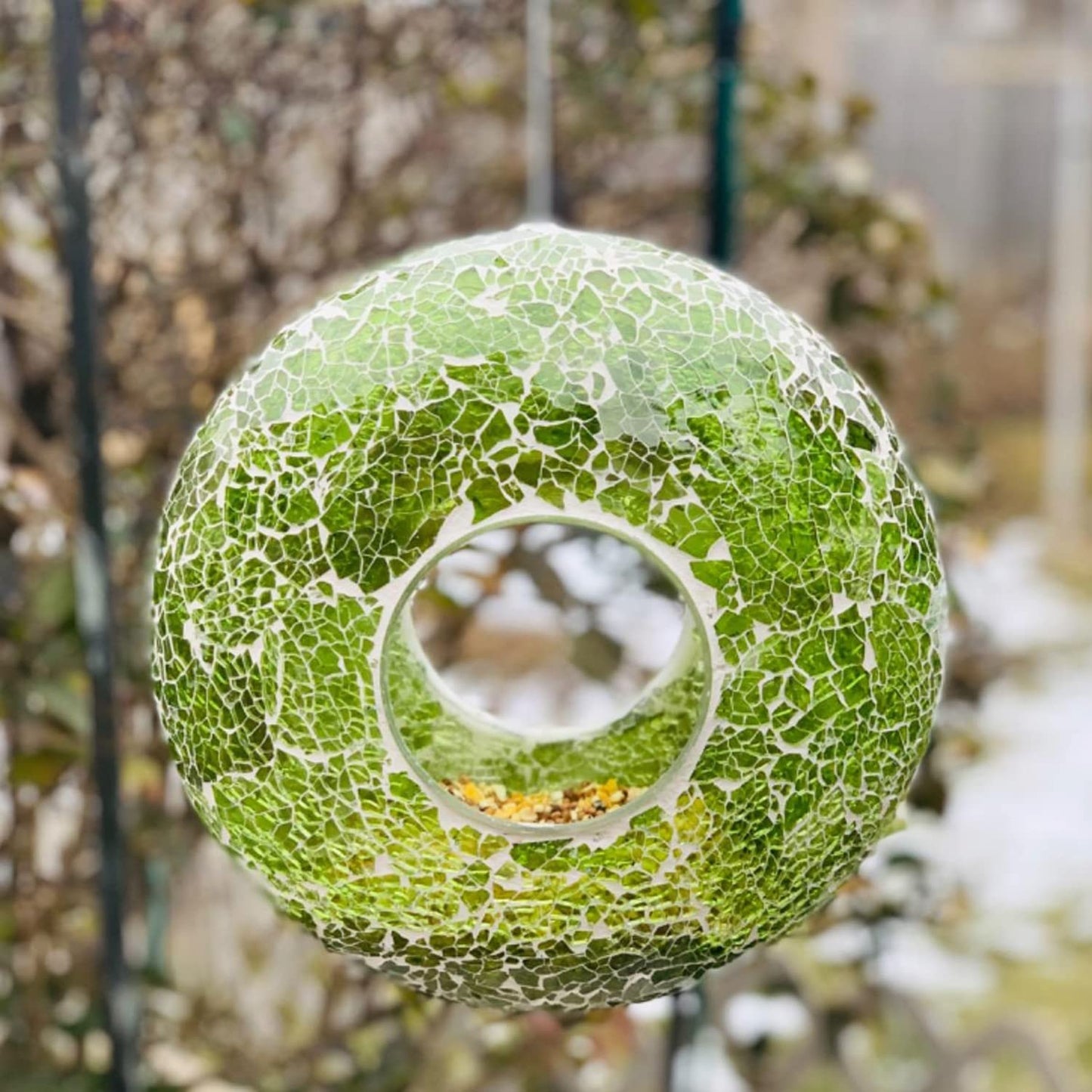 DUSVALLY Mosaic Hanging Bird Feeder - Circular Outdoor Garden Decor, Fly Through Wild Bird Feeders with Mosaic Glass Design, for Yard, Backyard, Deck and Porch, Green Accents