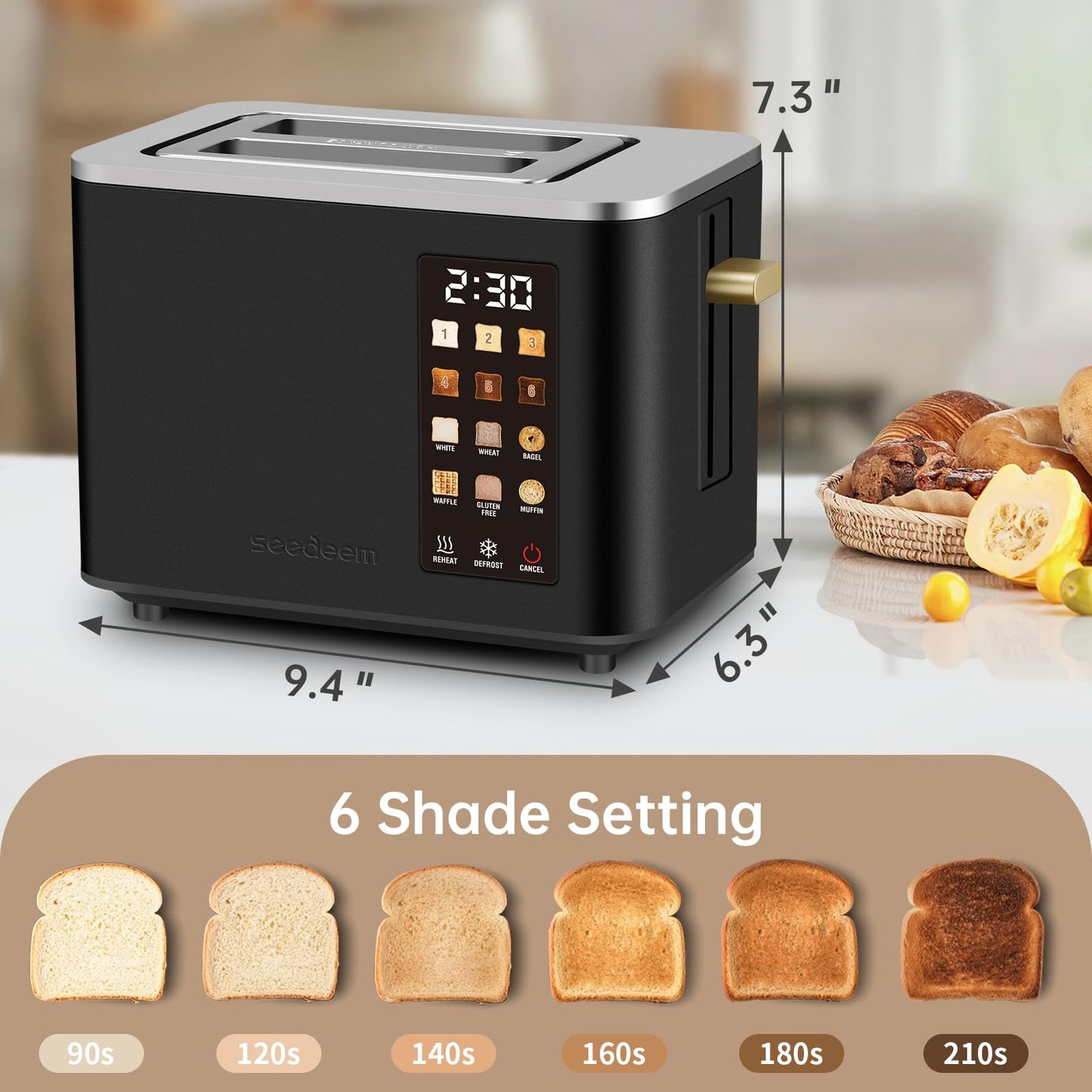 SEEDEEM Toaster 2 Slice, Touch Control Screen, Smart Stainless Toaster, 6 Shade Setting, 6 Bread Selection, Countdown, Removable Crumb Tray, 900W, Matte Black