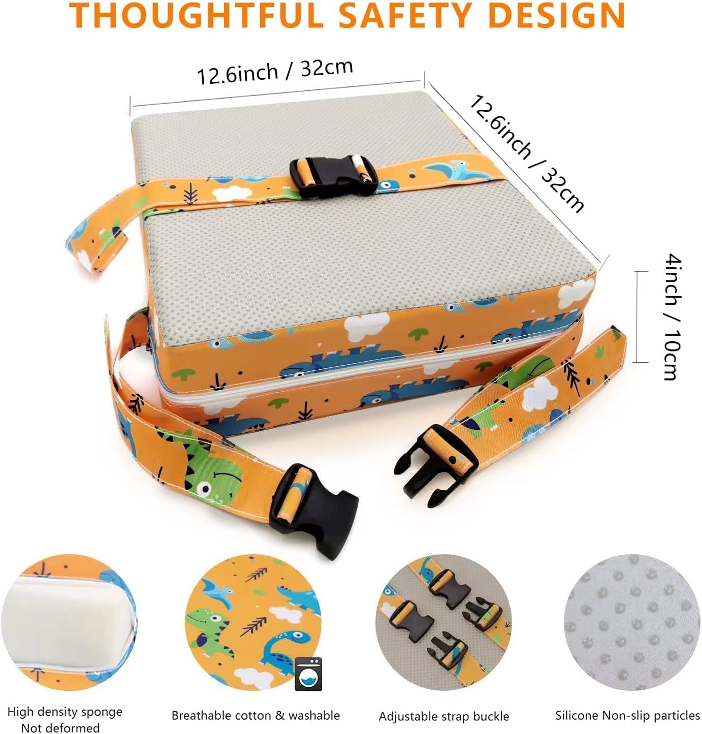 KIDUN Toddler Booster Seat for Dining Table, Upgrade 4 inch Heightening Cushion for Kids Chair, Adjustable, Heightening Booster Seat Pad for Boy/Girl, Toddler Booster Cushion.(Buckle/Yellow)