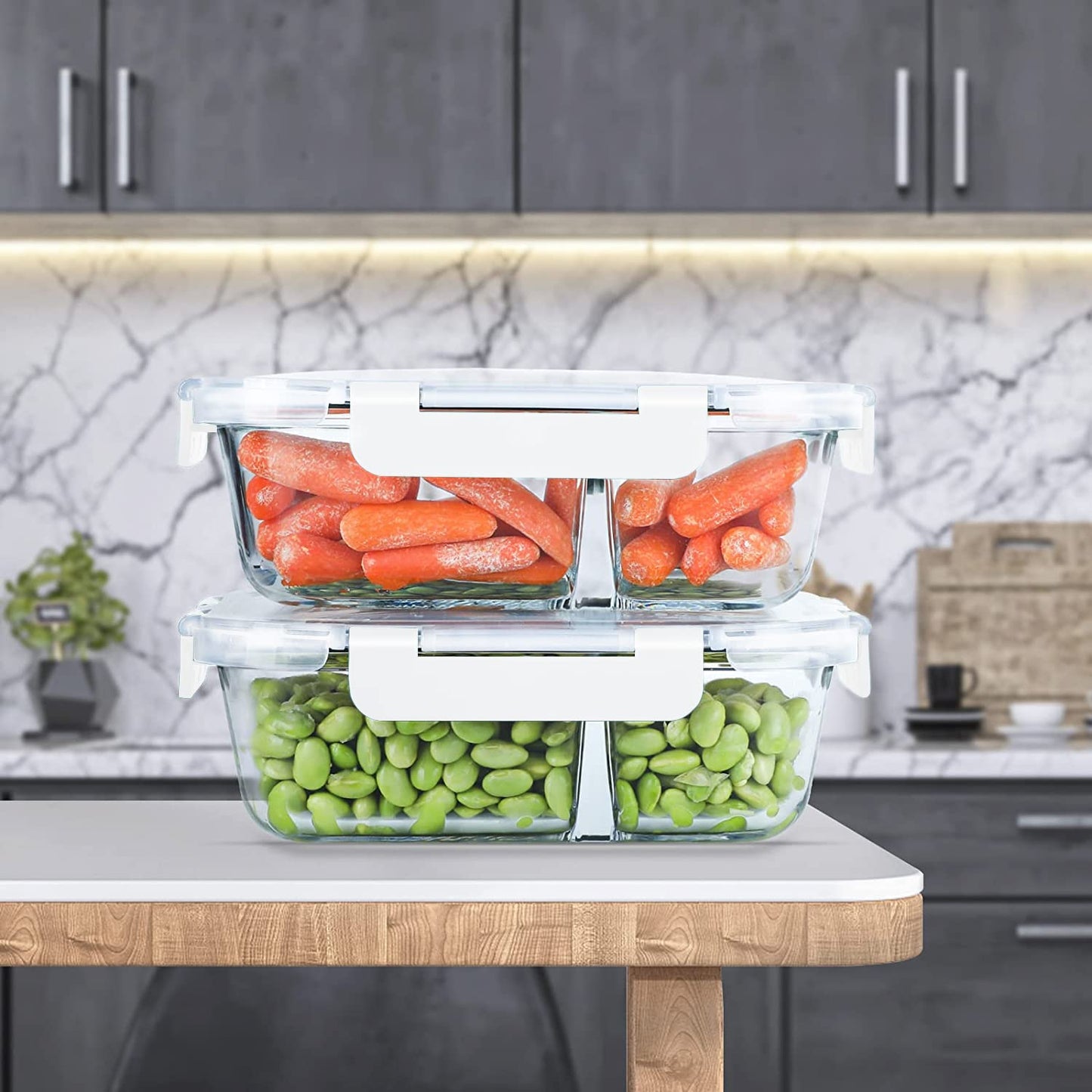 KOMUEE 10 Packs 30oz Glass Meal Prep Containers 2 Compartments,Glass Food Storage Containers with Lids,Airtight Lunch Bento Boxes,Oven,Freezer and Dishwasher Safe, White