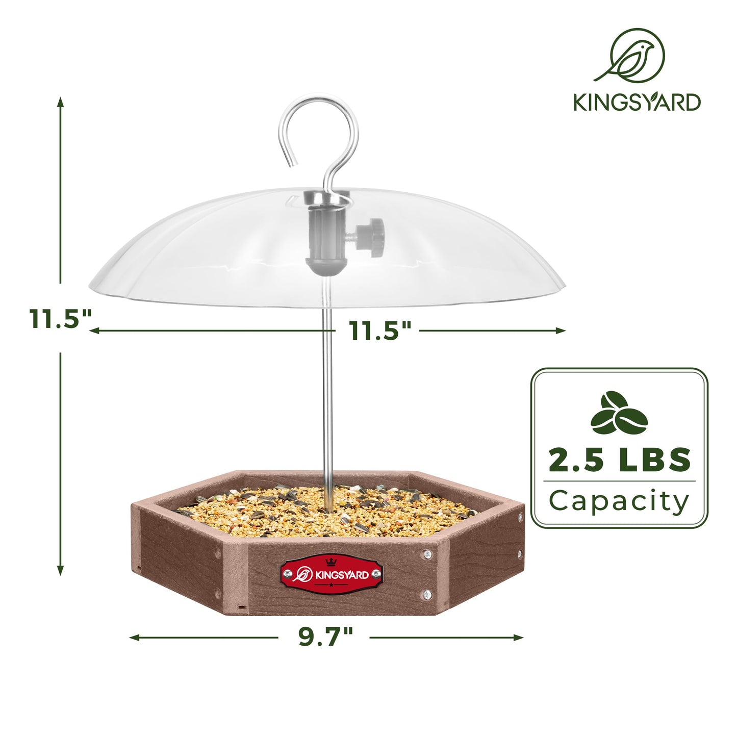 Kingsyard Platform Bird Feeder for Outdoor Hanging - Rugged Recycled Plastic Wild Bird Feeding Station with Adjustable Dome & Metal Mesh Tray. Brown