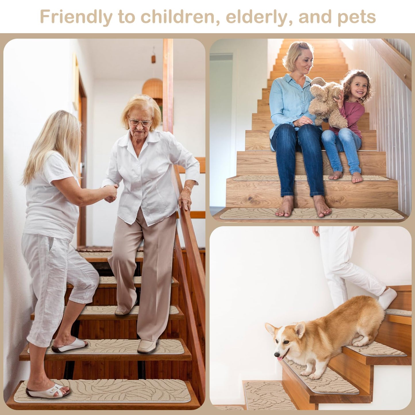 Fixmend Stair Treads Non Slip for Wooden Steps, 8" X 30" (15-Pack) Stair Runner Carpet Treads Indoor with Reusable Adhesive, Stairslide Carpets Rugs Safety Mats for Elders, Kids & Dogs, Beige Leaf