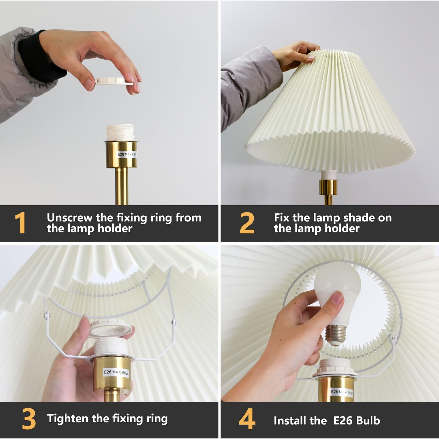 KUNJOULAM Modern Pleated Floor Lamp, Black Pole Floor Lamps, Simple Design Tall Lamp with Adjustable Beige Lampshade, Standing Lamp for Living Room, Bedroom, Office, Home