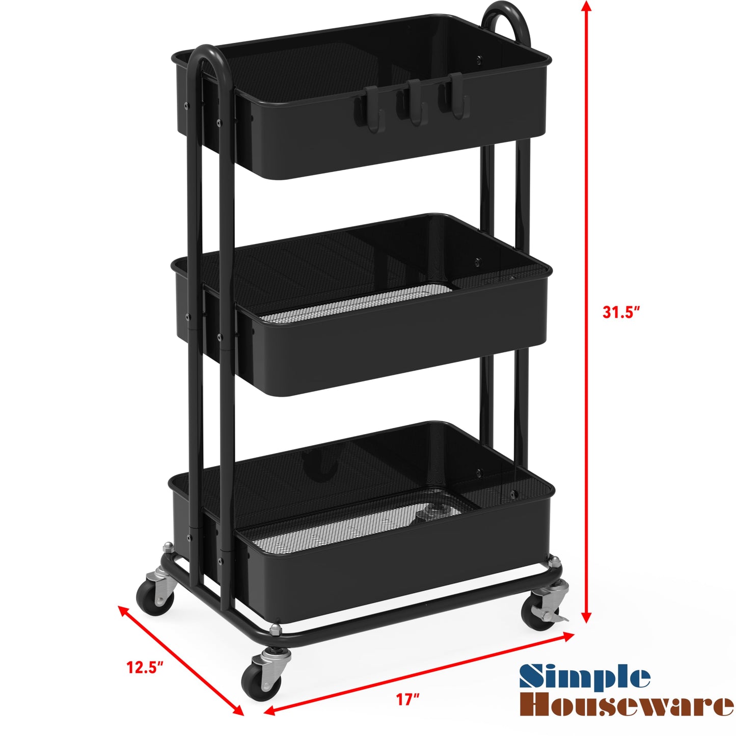 Simple Houseware 3-Tier Metal Kitchen Cart Utility Rolling Cart, Black