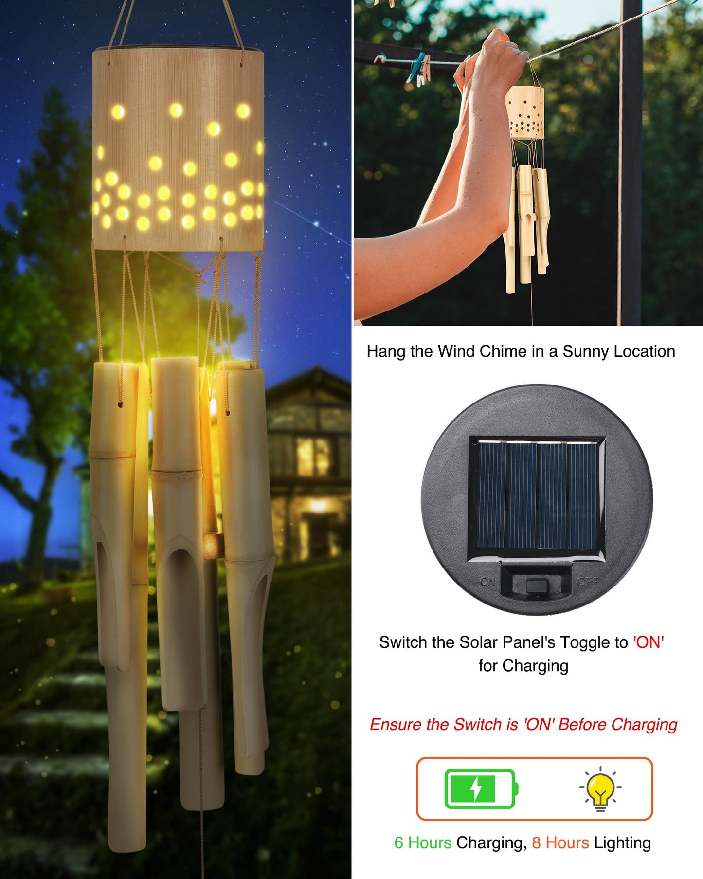 Bamboo Wind Chimes for Outside with Solar Accent Light, Outdoor Wooden Wind Chimes, 6 Bamboo Tubes, Deep Tone, Perfect for Patio, Garden, Porch, and Balcony Decor