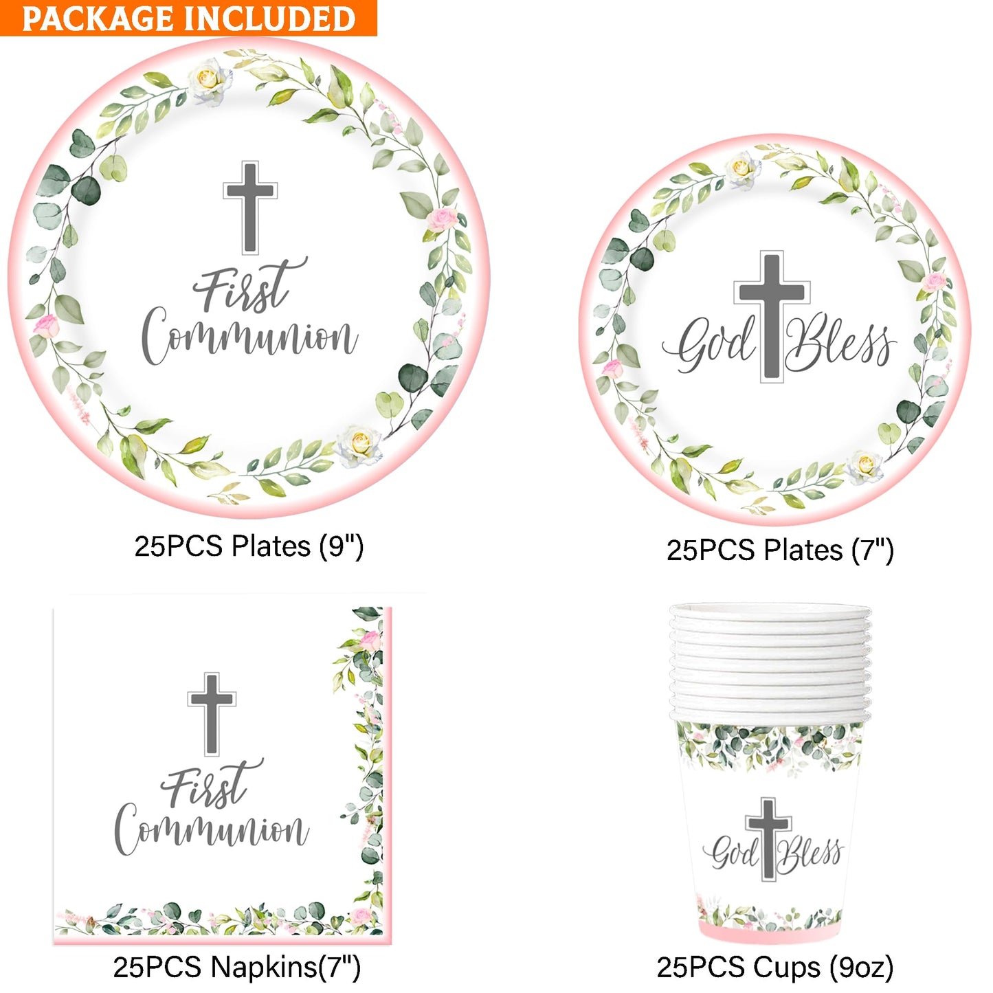 First Communion Decorations, Paper Plates,Napkins and Cups (Serves 25), First Communion Decorations for Girls,First Holy Communion Decorations