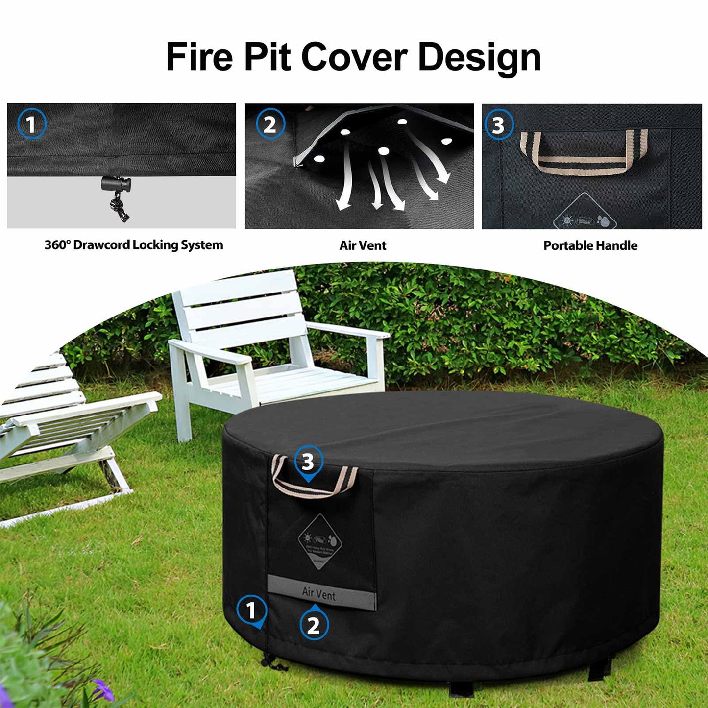 QH.HOME Fire Pit Cover Round Super Waterproof, 36" D X 20" H Outdoor Round Firepit Cover 600D Strong Tear Resistant, UPF 50+ Fire Pit Covers Premium Fading Resistant for Outdoor Round Fire Pit - Black