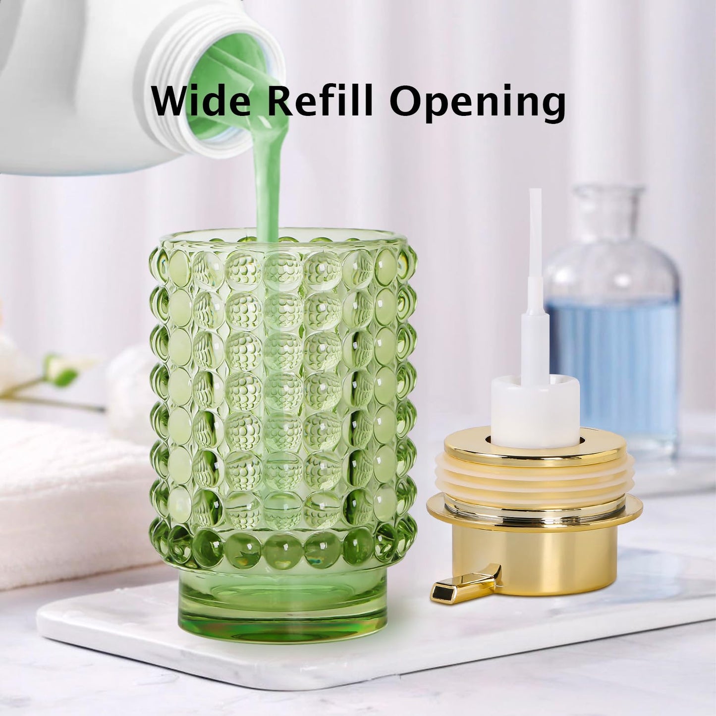Fvstar 2pcs Glass Foaming Soap Dispenser, Green Foam Hand Soap Dispenser, 12 Oz Large Bottle with Gold Pump, Refillable Lotion Pump Container for Bathroom, Kitchen,Hand Soap, Dish Soap,Shampoo