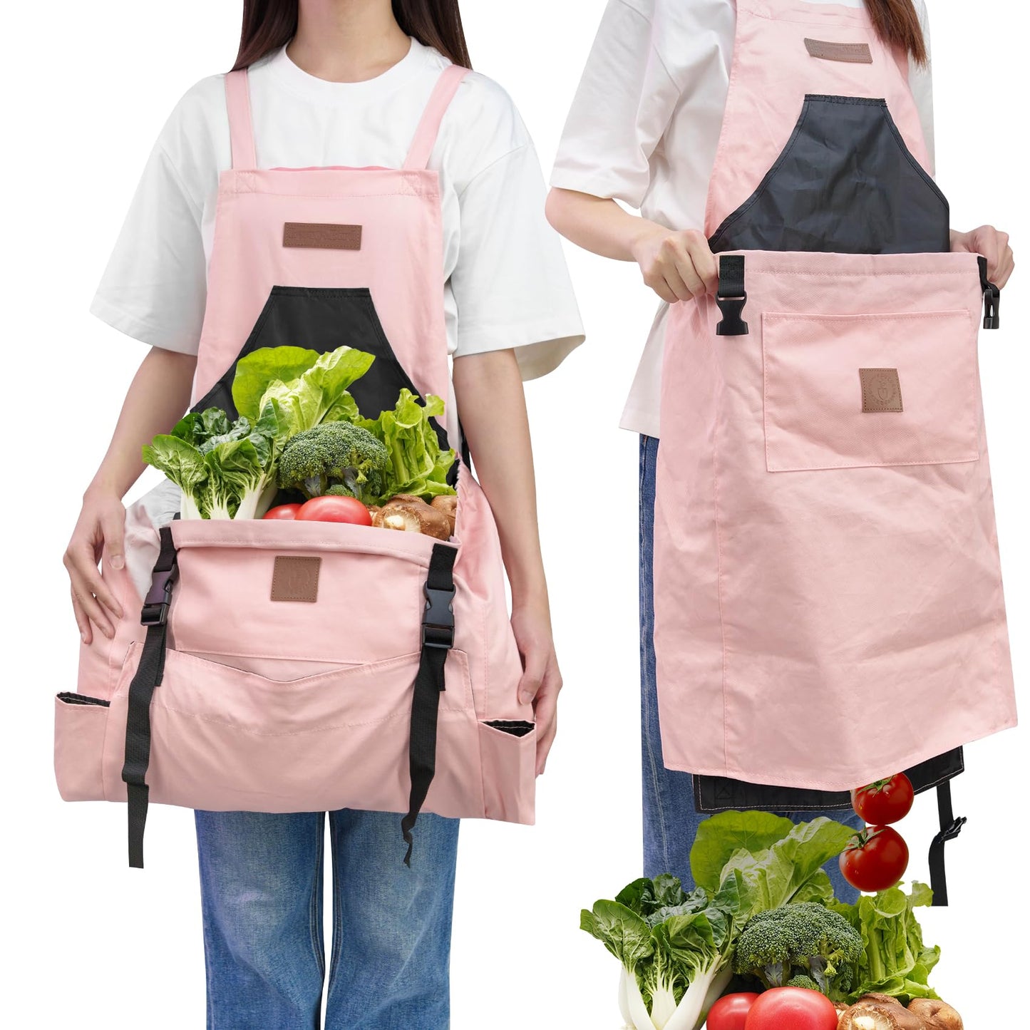 Berry&Bird Harvest Apron, Canvas Gardening Apron with Pockets and Harvesting Pouch Waterproof Harvesting Apron（Pink)