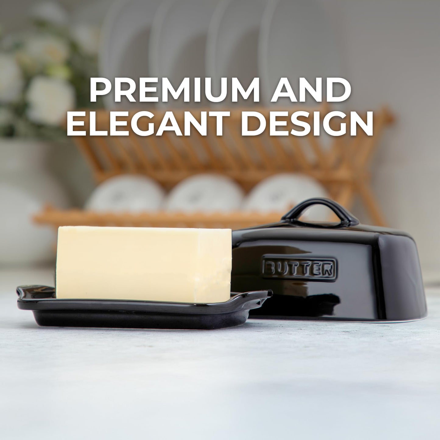 Zulay Butter Dish with Lid – Large 1 lb Canadian Size, Black Porcelain Butter Tray & Butter Container for Countertop or Refrigerator - Black