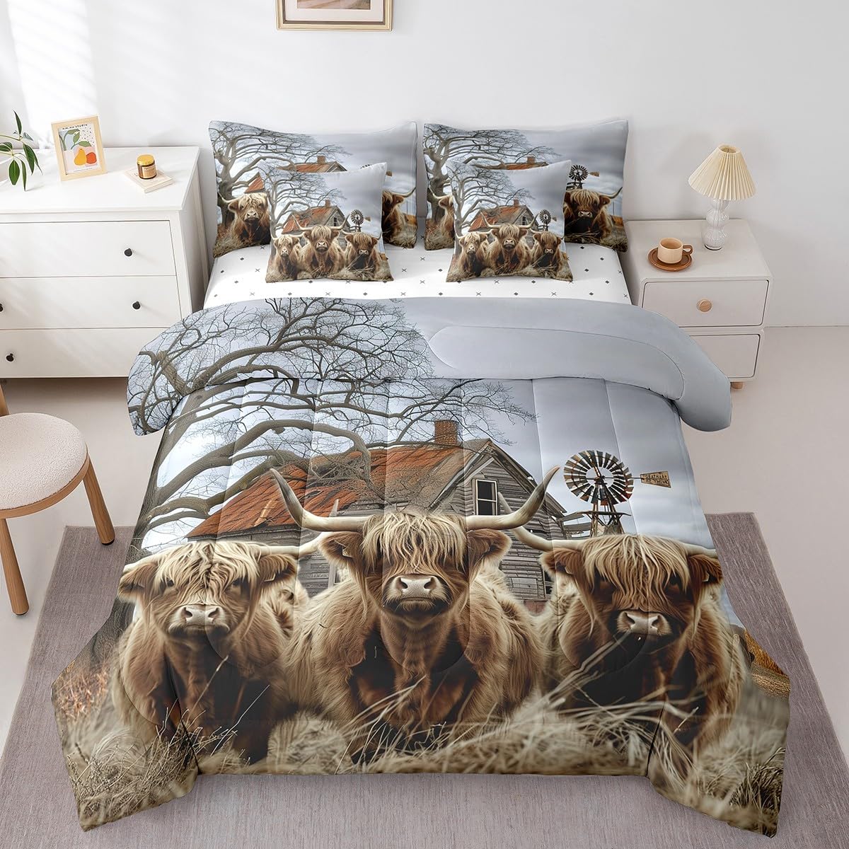 Erosebridal 7Pcs Queen Size Highland Cow Comforter Sets with Sheets Rustic Farmhouse Decor Comforter Set Bed-in-a-Bag(1 Comforter, 1 Flat Sheet 1 Fitted Sheet 2 Pillowcases and 2 Throw Pillow Covers)