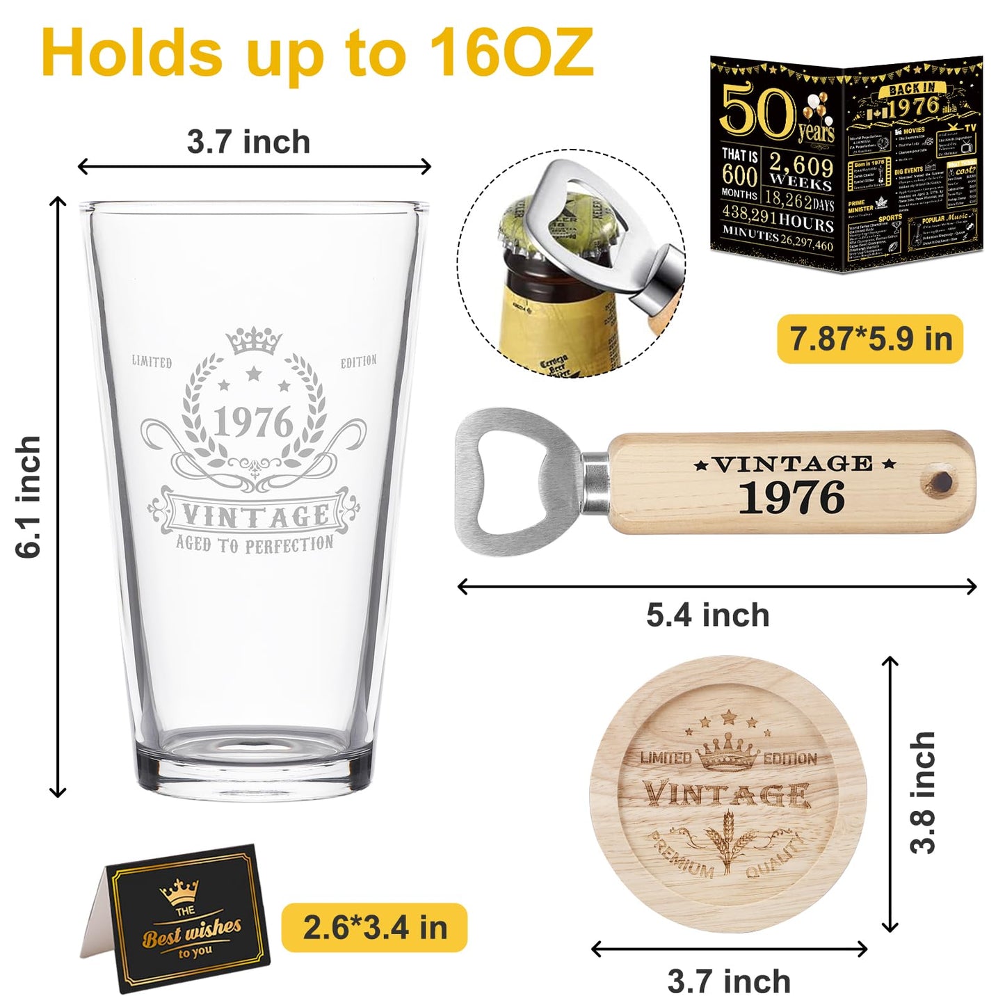 50th Birthday Gifts for Men, Vintage 1976 Beer Glass, Wooden Bottle Opener, Vintage Beer Box, Wooden Coaster, 1976 Greeting Card and Poster Anniversary Card 50th Birthday Gift Ideas for Him,Men