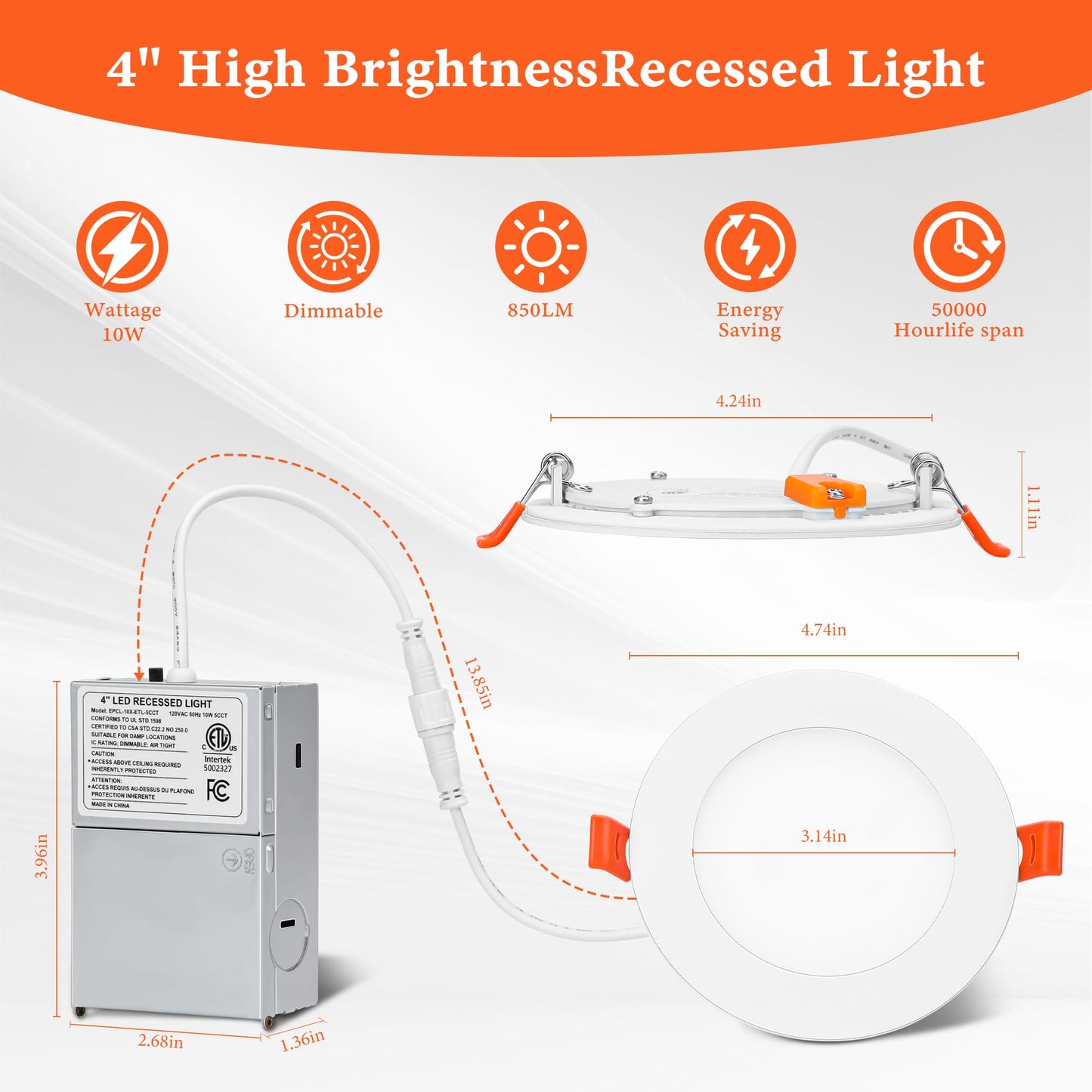 INCARLED Pot Lights LED 4Inch 5CCT 850LM 10W 4Pack Slim Recessed Lighting with Junction Box, 2700K 3000K 3500K 4000K 5000K Lumiere encastre plafond led ETL Listed