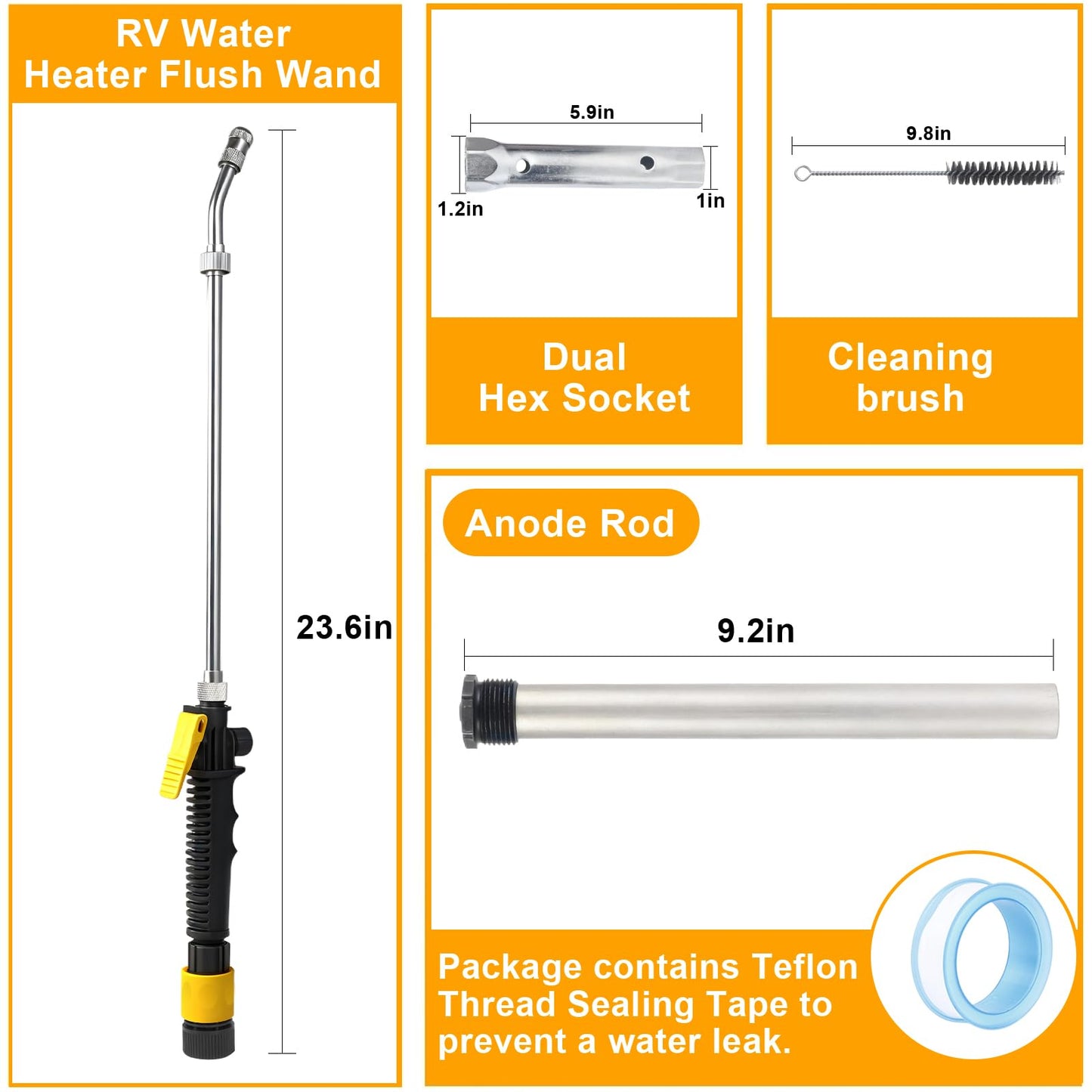 RV Water Heater Maintenance Kit -9Pcs RV Water Heater Anode Rod,Camper Hot Water Tank Cleaning Rinser - Compatible with Suburban & Mor-Flo Water Heaters (9 Pcs RV Anode Rod Kit)