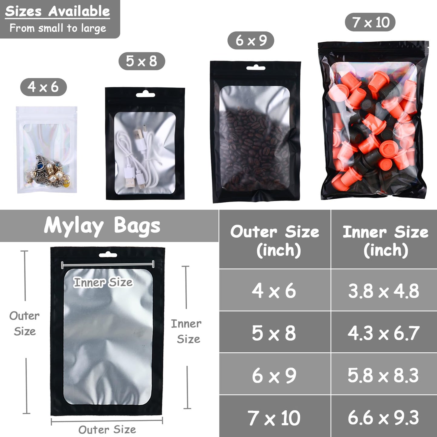 150-pack 10 x 14 in Mylar Bags with Clear Window 1 Gallon Large Resealable Foil Pouches for Food Storage Smell Proof Edible Packaging Bag for Jewelry Small Business Shipping Bags, Matte black