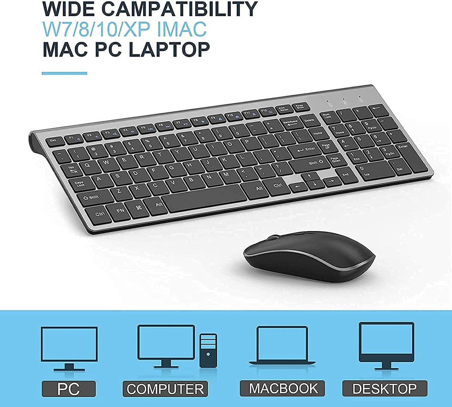 J JOYACCESS Wireless Keyboard and Mouse Combo,2.4G Ergonomic Whisper-Quiet Compact Wireless Computer Keyboard Mouse Designed for Windows, Mac,PC, Laptop,Tablet - Black Grey