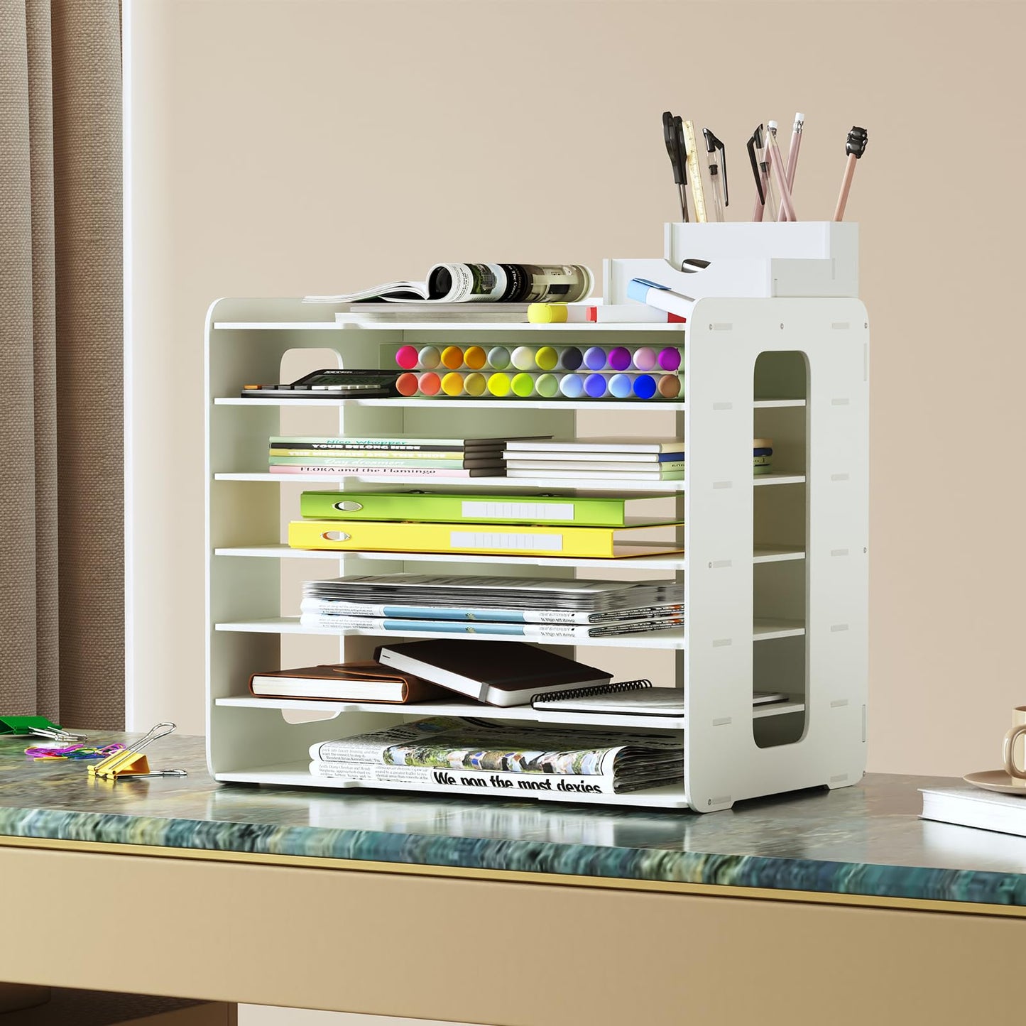 bimiti A3 Paper Organizer 11x17 Inches with 7 Compartments, PVC Desktop Storage Rack for Scrapbooking Supplies, Office Documents & School Art Materials - Space-Saving Vertical Design
