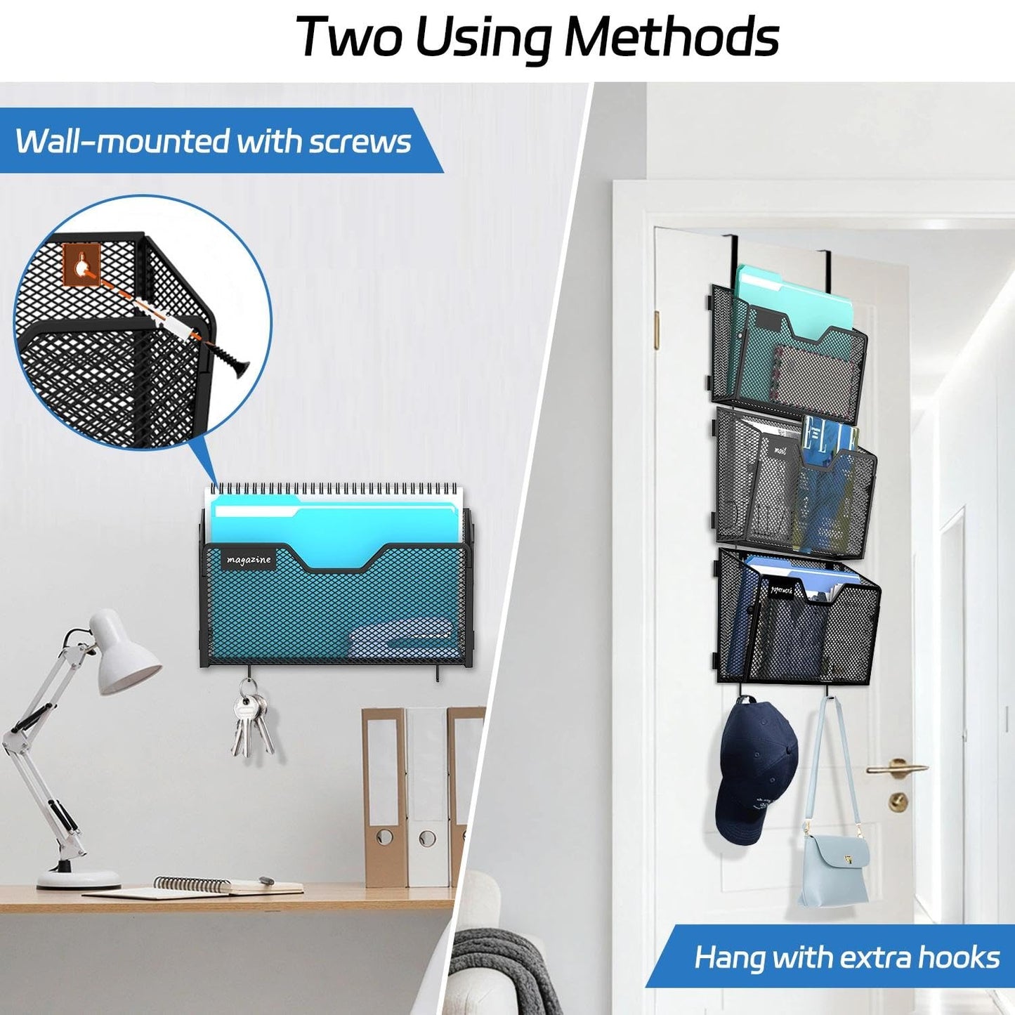 Reeplan 6 Pack Wall File Organizer Metal Mesh Hanging Wall Mounted File Folder for Office, Home and School with Label Panel and 2 Hooks Black