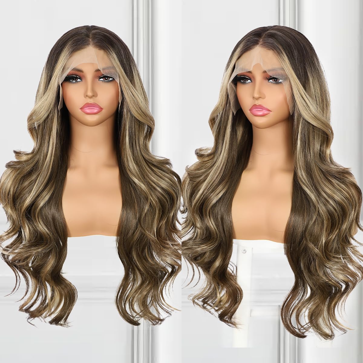 BABEHERS Highlight Brown Lace Front Wig for Women 13x4 Body Wave Synthetic Wigs Balayage Pre-plucked Long Wavy 150% Density Heat Resistant Hair Daily Use 26 Inch