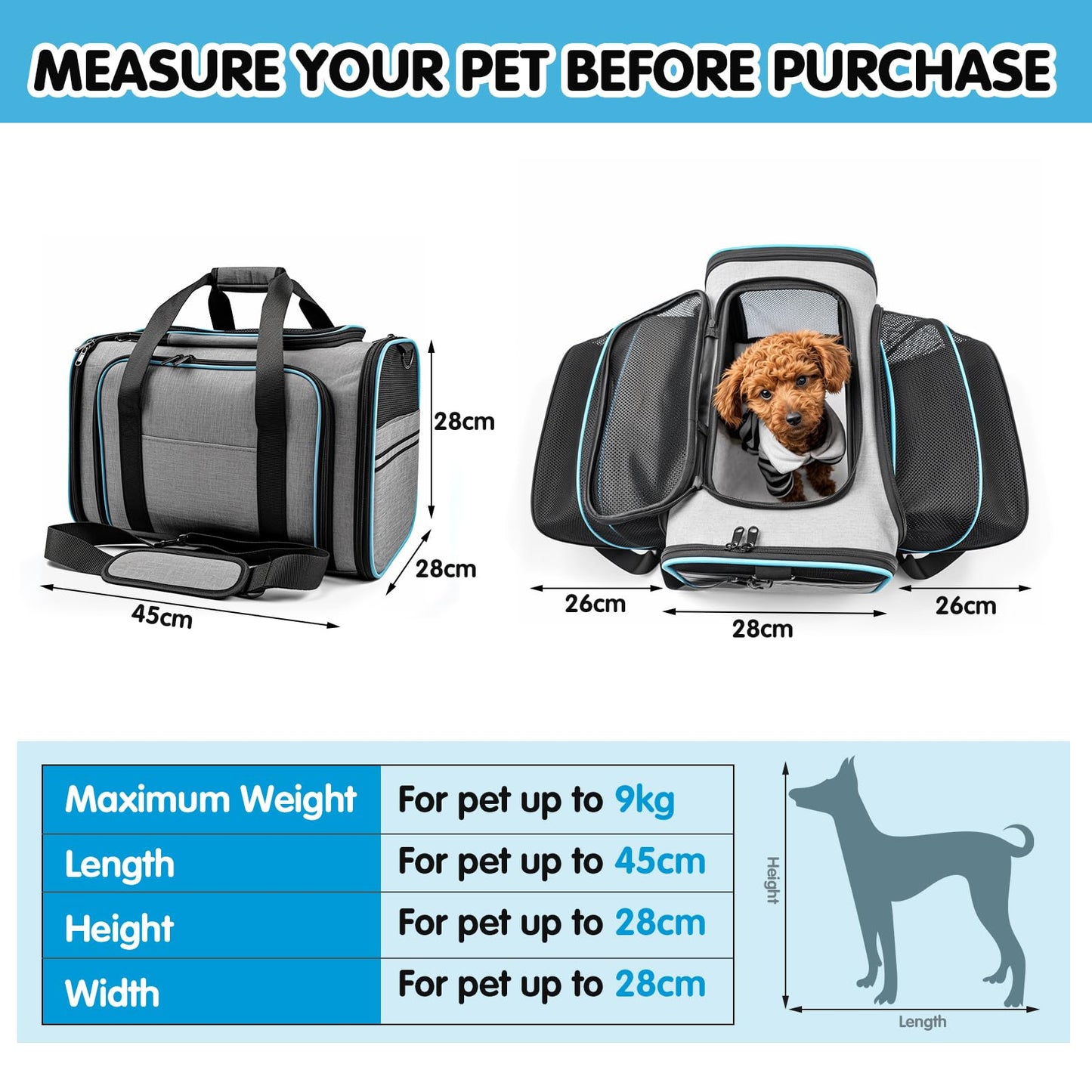 Cat Dog Carrier - Airline Approved Expandable Soft-Sided Pet Carrier, 4 Sides Expandable Cat Collapsible Carrier with Removable Fleece Pad and Pockets for Cats Dogs and Small Animals