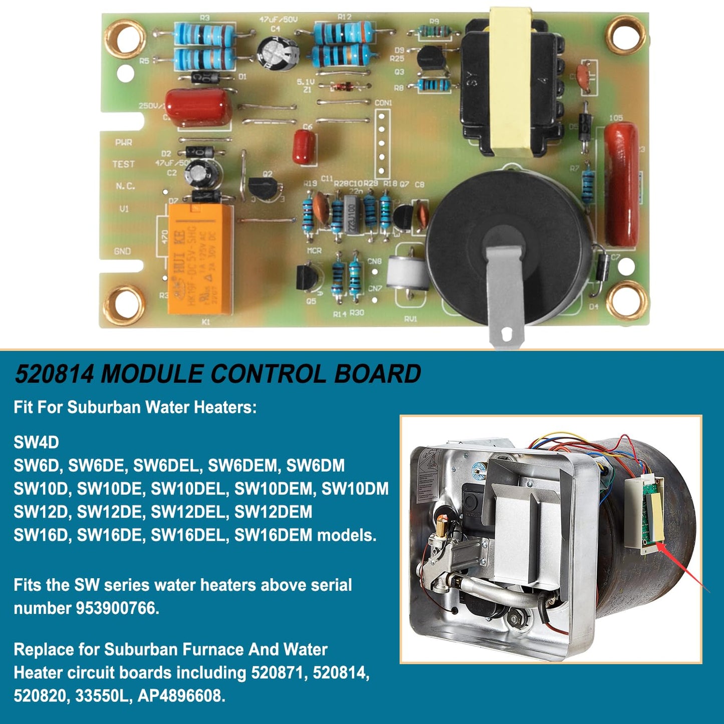 520814 Ignition Control Circuit Board Igniter Module Replacement Parts Kit Fit For Suburban RV Water Heater & Furnace, For SW4D, SW6D, SW10D, SW12D, SW16D RV Water Heaters, Replace 520820 520871