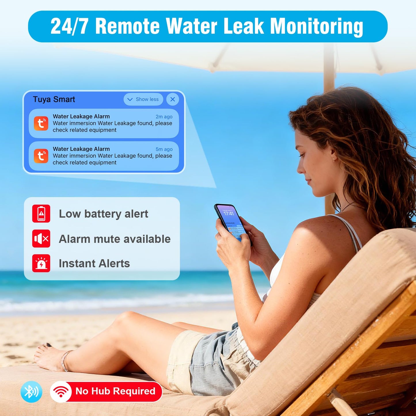 DAYTECH WiFi Water Sensors for Leaks 110dB Sump Pump Alarm with Phone Alerts and 6.5ft Detector Cable Smart Water Alarm for Basement/Laundry Room/Kitchen, 1-Pack(2.4G WiFi Only)