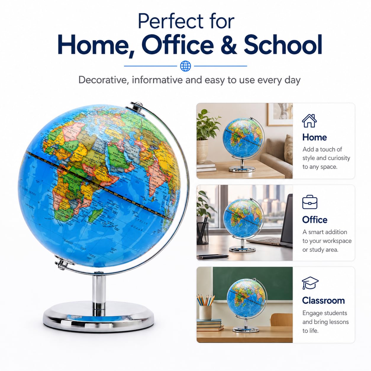 Exerz 20cm World Globe (8 Inch) – Political Map in English, Educational Geography Tool for Kids & Students, Rotating Desk Display with Stainless Steel Base for Home Office