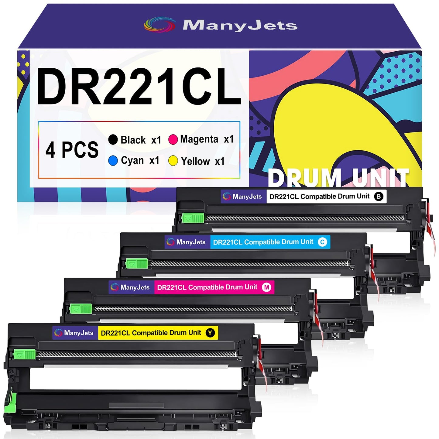 ManyJets DR221CL Drum Unit Replacement for Brother DR221CL DR-221CL 4-Pack DR-221CL Drum Unit for MFC-9130CW 9330CW HL-3170CDW 3180CDW 3140CW MFC-9340CDW DCP-9020CDN MFC-9330CDW Printer (BK/C/M/Y)