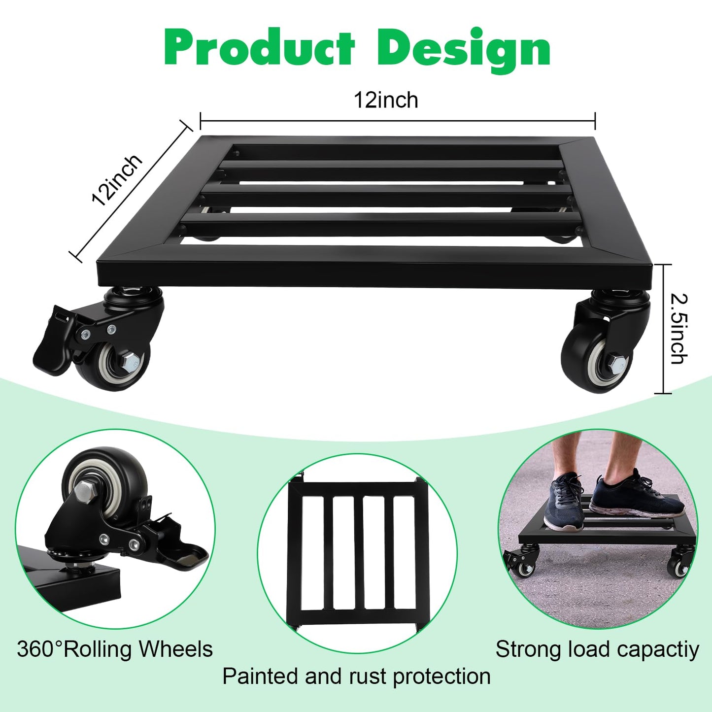 Heavy Duty Plant Caddy with Wheels, 12"x12" Rolling Plant Stand with Lockable Casters, 2-Pack Plant Rollers for Large Pots, Rust-Resistant Metal Plant Stand with Wheels, 240 lbs Load Capacity