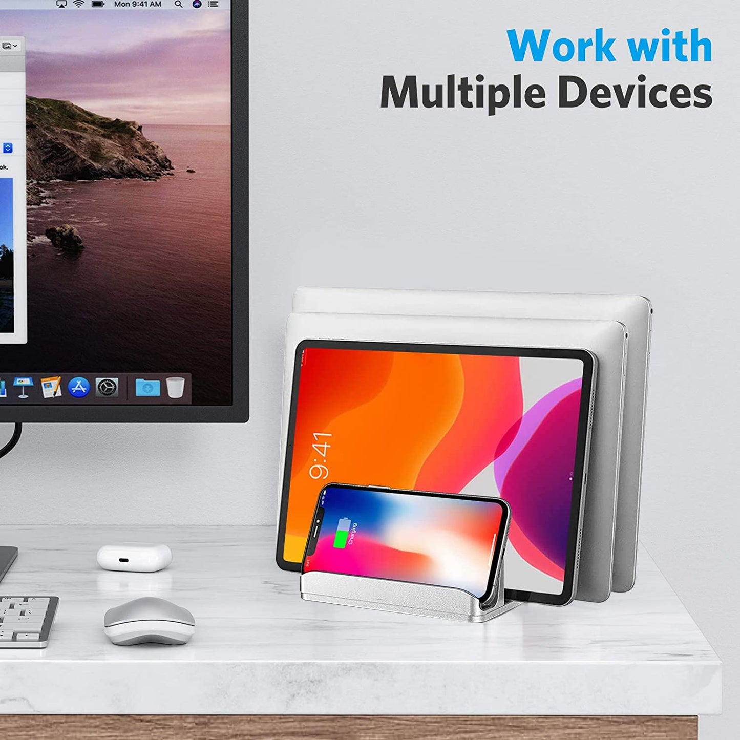 Vertical Laptop Stand,Upgraded Adjustable 4 Slots Laptop Stands, Desktop Aluminum Laptop Holder with Adjustable Dock Size, Tabletop Stand Holder for Most Laptops,MacBooks,PC,Tablets, Phones - Silver