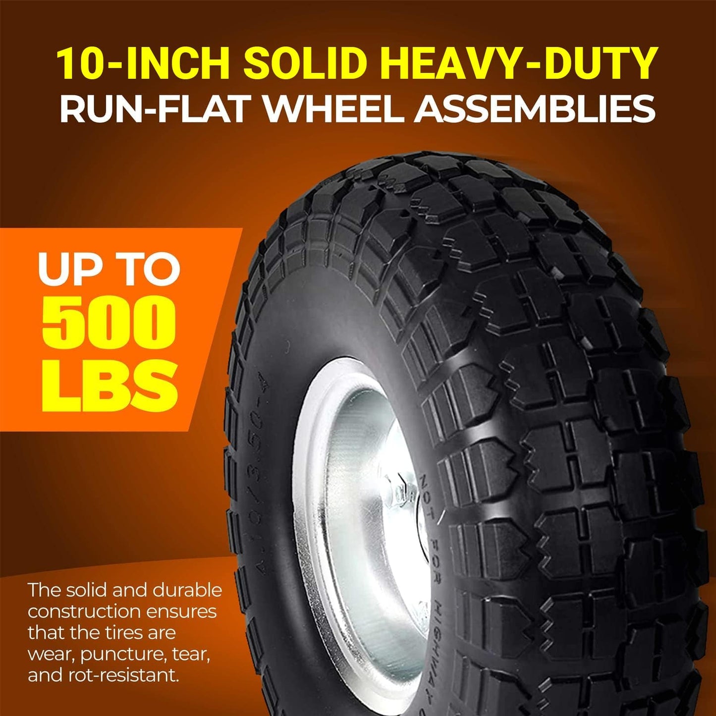 AR-PRO (2-Pack) 10-Inch Solid Rubber Tire Wheels - Replacement 4.10/3.50-4" Flat Free Tire with 5/8" Bearings, 2.2" Offset Hub - Compatible with Hand Truck, Wheelbarrow, Dolly, Gorilla Carts