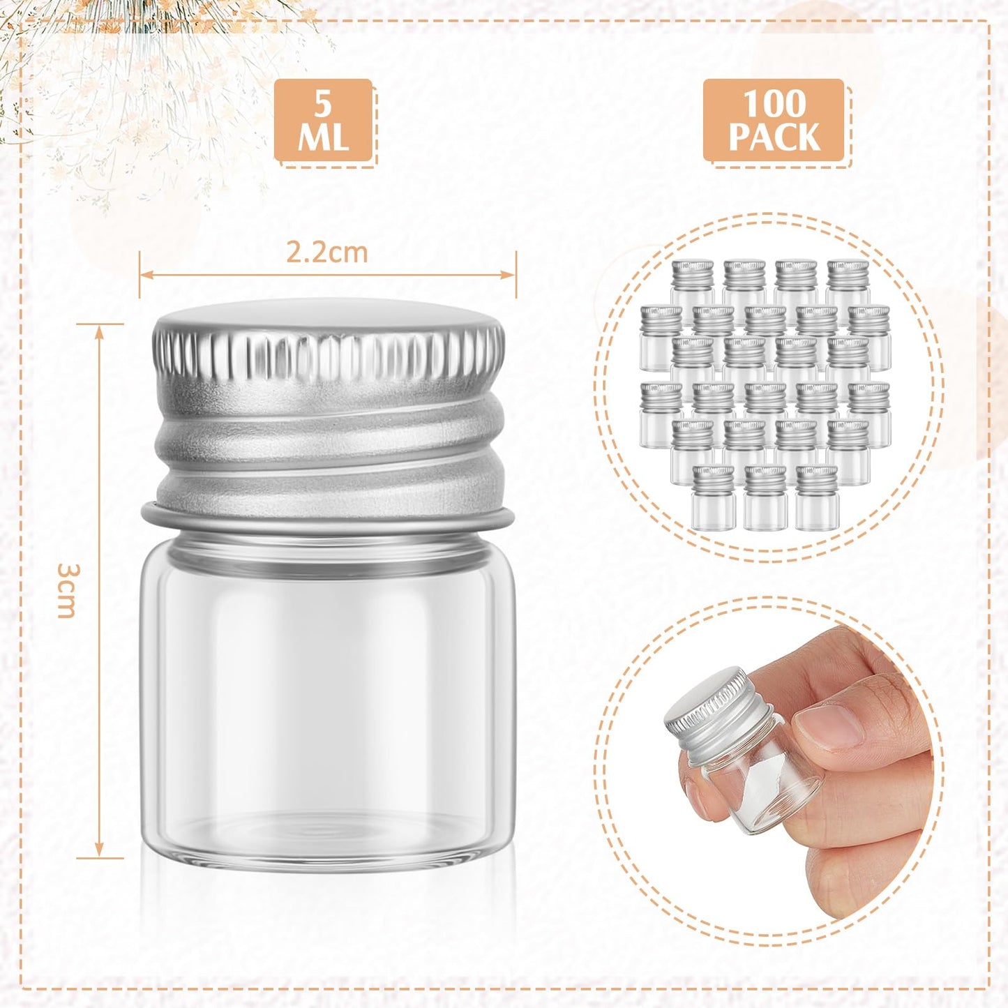 Tessco 100 Pcs 5 ml Mini Glass Bottles with Screw Caps Tiny Jars Empty Glass Vials with Aluminum Lids Small Powder Container for Cosmetic Sample Essential Oil Specimen DIY Craft Storage, 2.2 x 3 cm