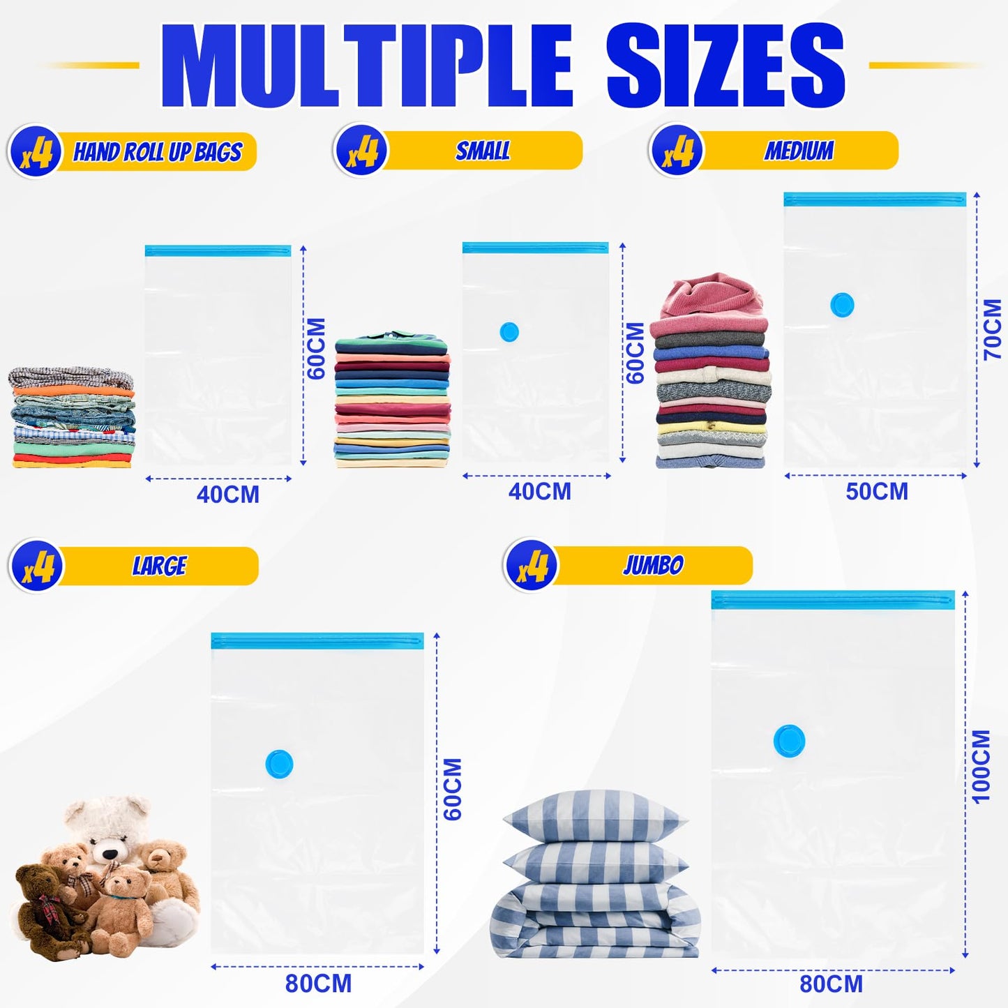 20 Pack Vacuum Storage Bags, Vacuum Sealer Bags for Clothes(4 Jumbo, 4 Large, 4 Medium, 4 Small, 4 Roll) Compression Bags for Travel, Blankets, Bedding, Rechargeable Pump Included