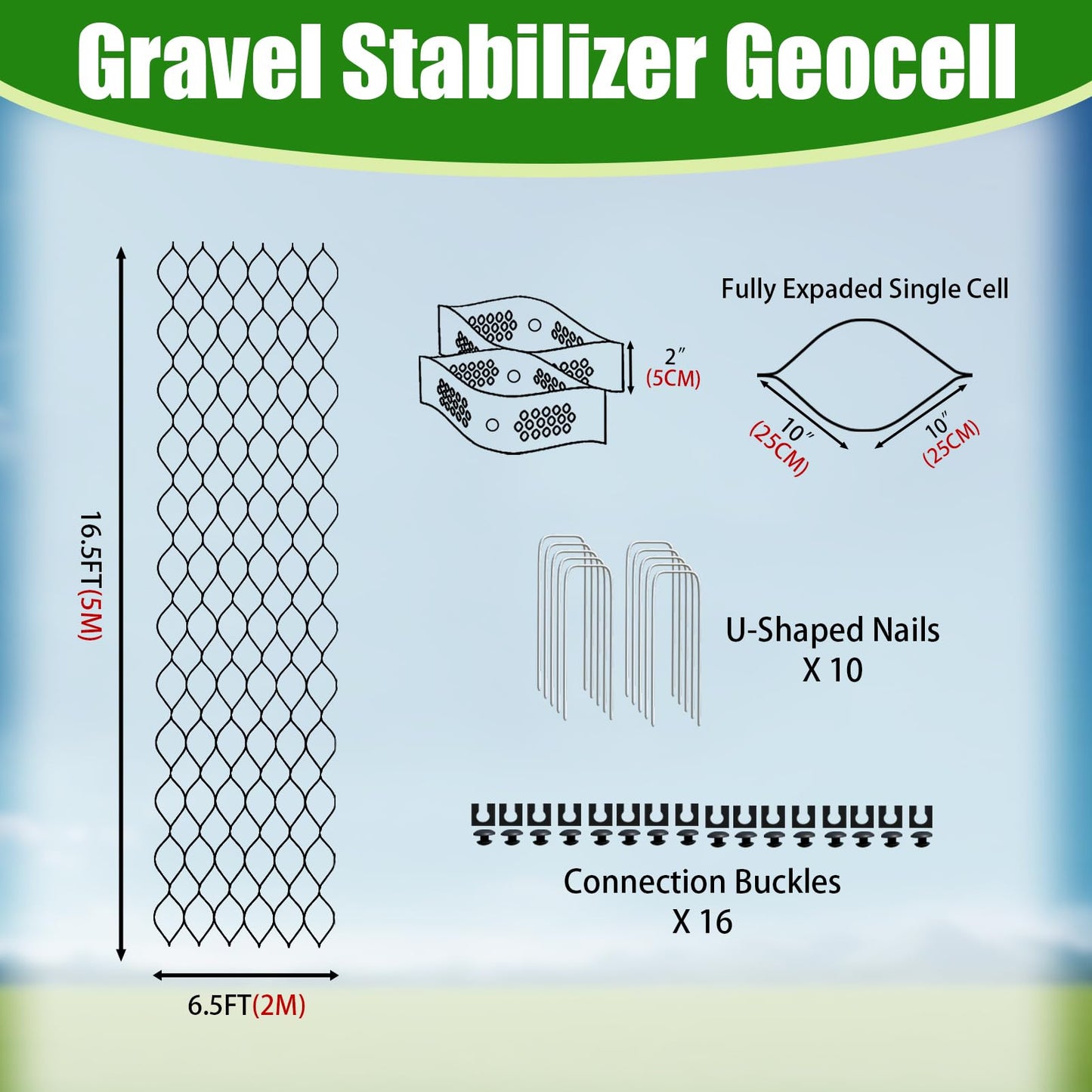 2" Thick Gravel Ground Grid 6.5ft x 16.5ft - Geo Grid Driveway Stabilization Grids, Gravel Retainer Grid 1885 LBS Per Sq ft, Geocell Geogrid for Walkway Driving RV Parking Slopes and Garden
