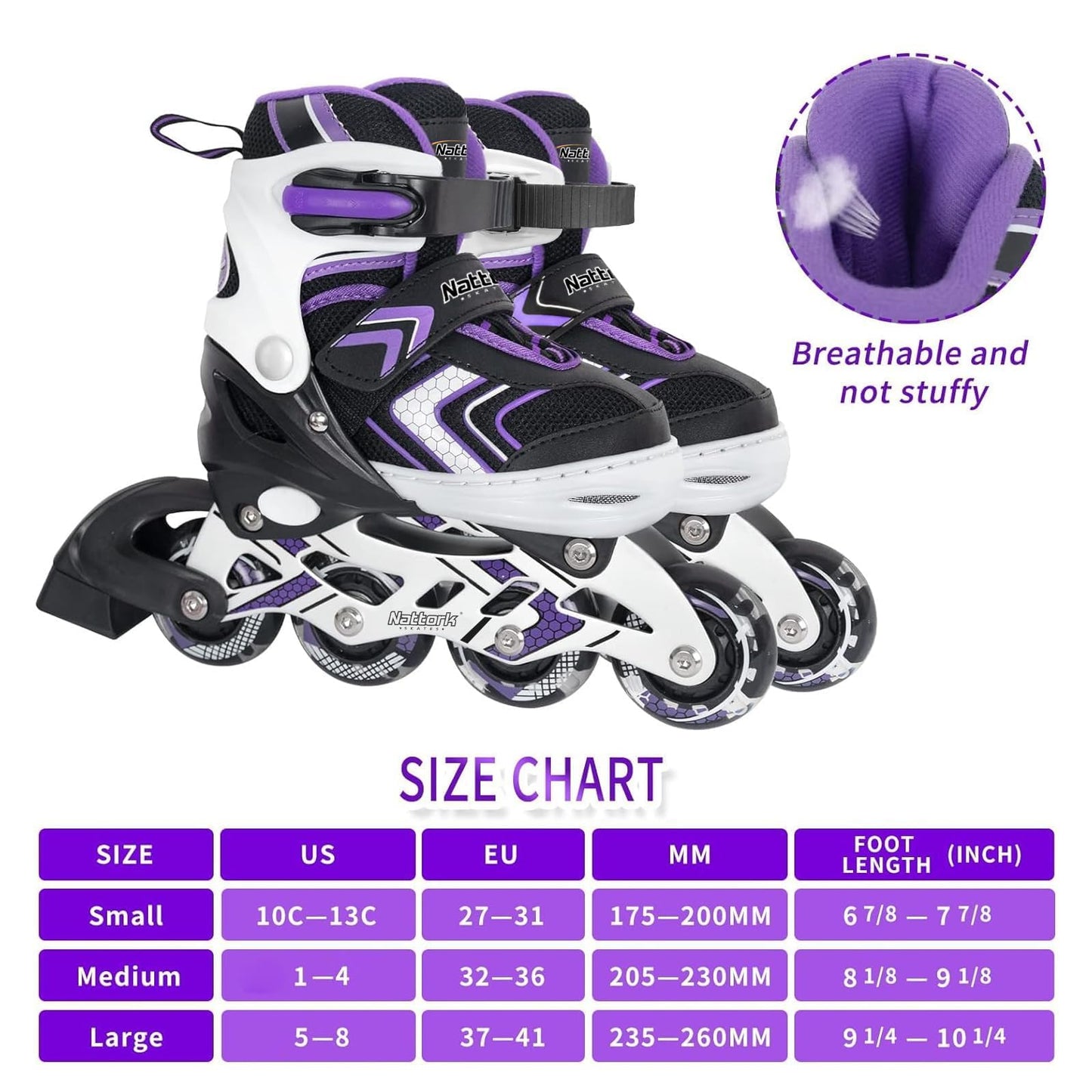 Adjustable Inline Skates for Girls, Girls Blades Roller Skates with All Light up Wheels for Big Kids, Purple, Size 1 2 3 4